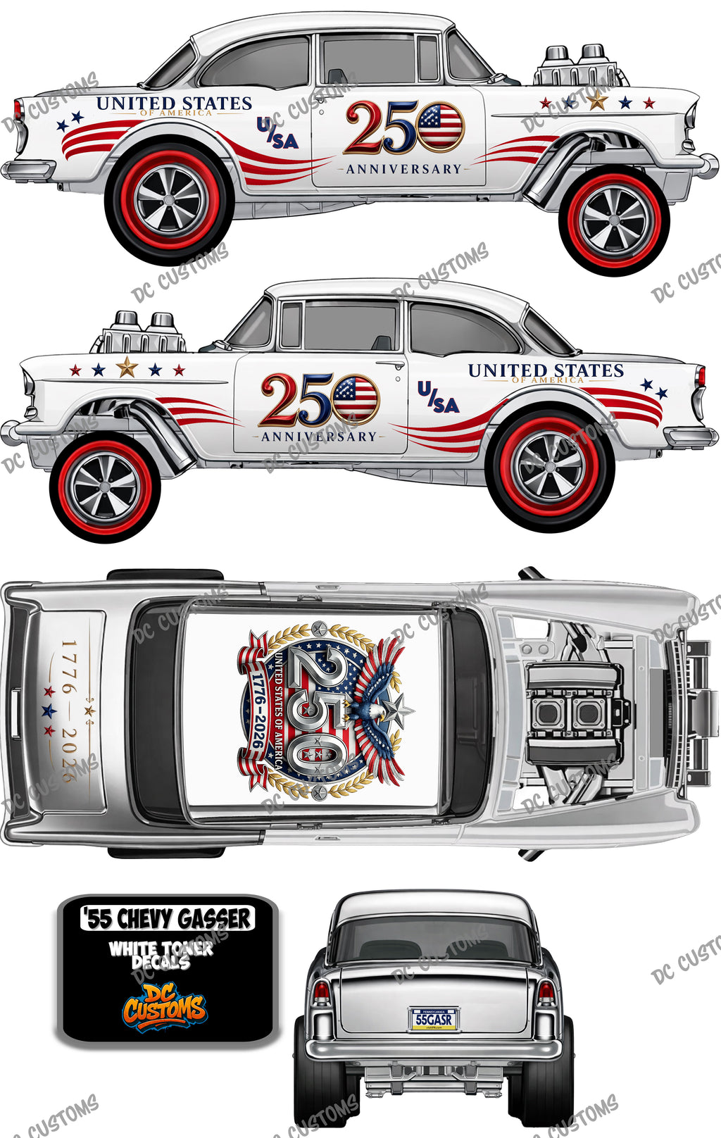 55 CHEVY GASSER (WHITE TONER) 250TH ANNIVERSARY DECALS