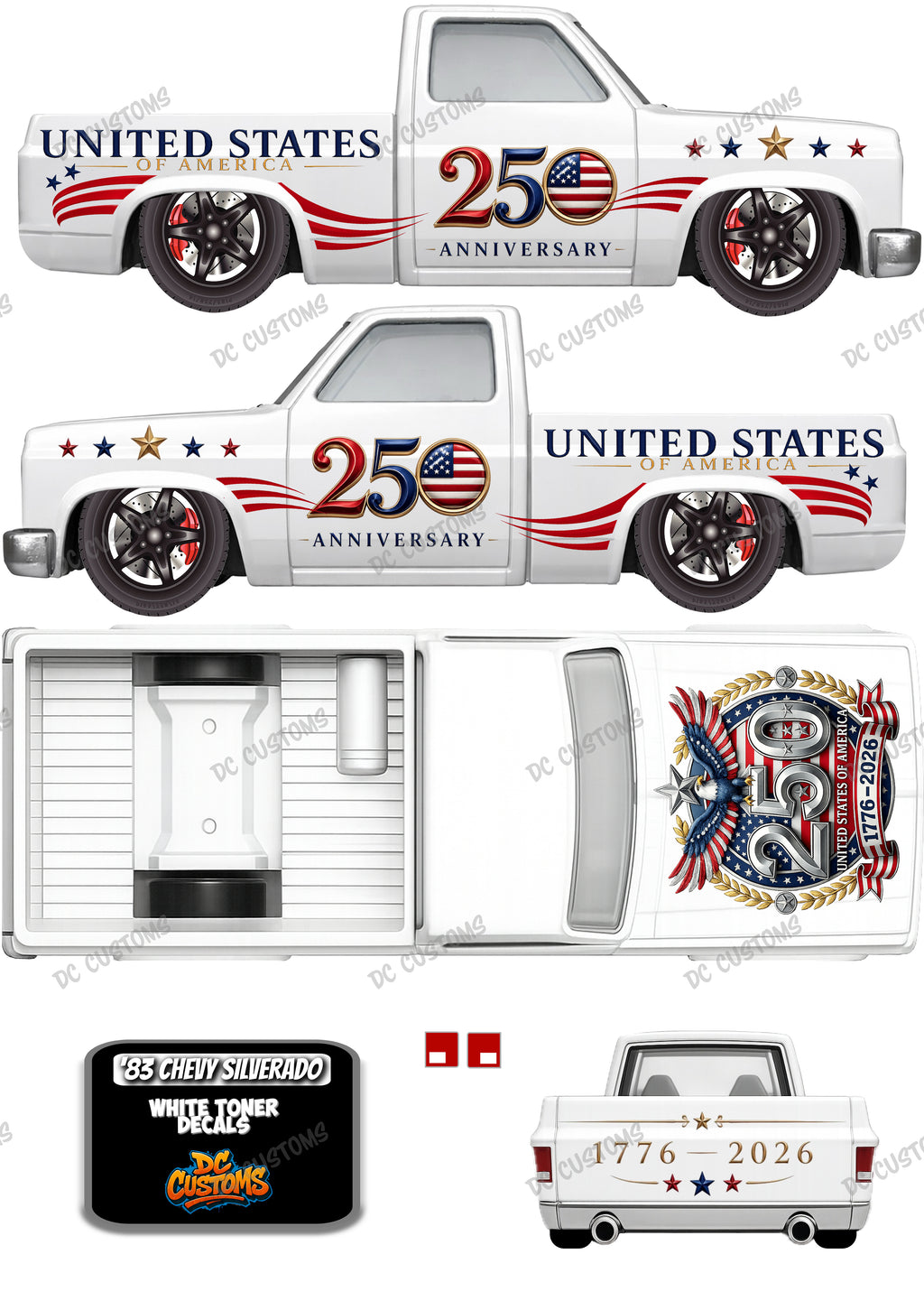 83 CHEVY SILVERADO (WHITE TONER) DECALS 250TH USA