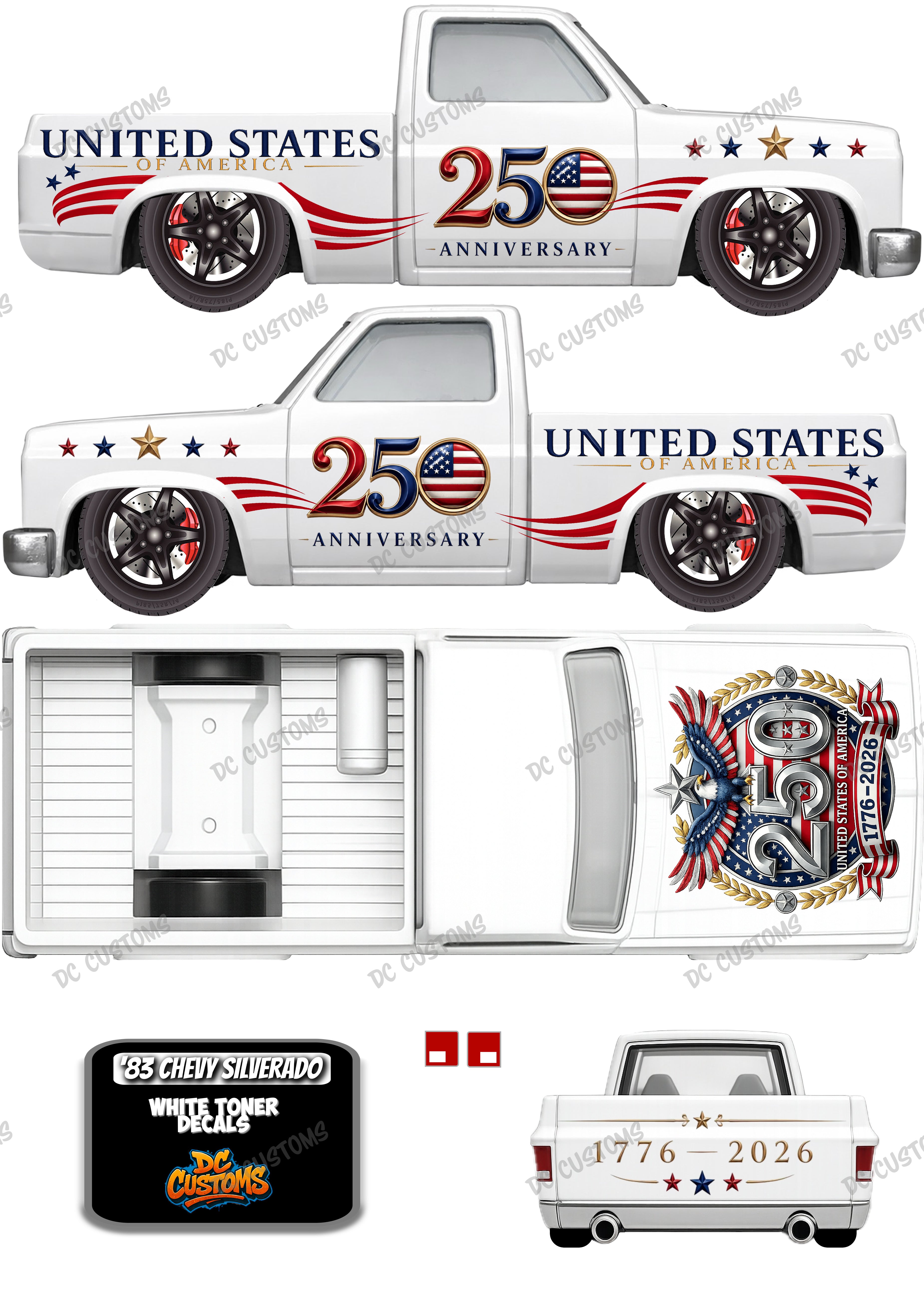 83 CHEVY SILVERADO (WHITE TONER) DECALS 250TH USA