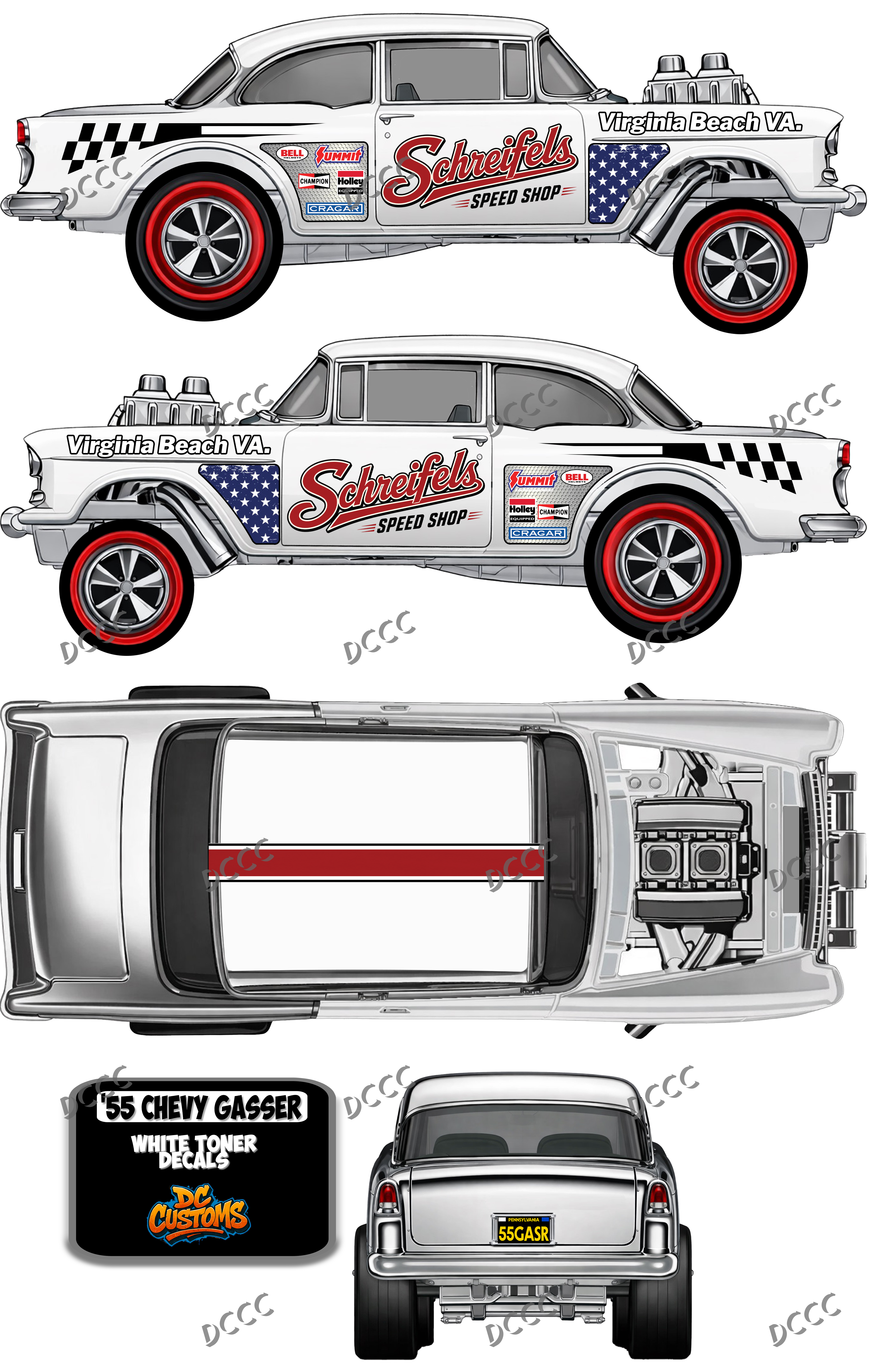 55 CHEVY GASSER (WHITE TONER) DECALS SCHREIFELS SPEED SHOP