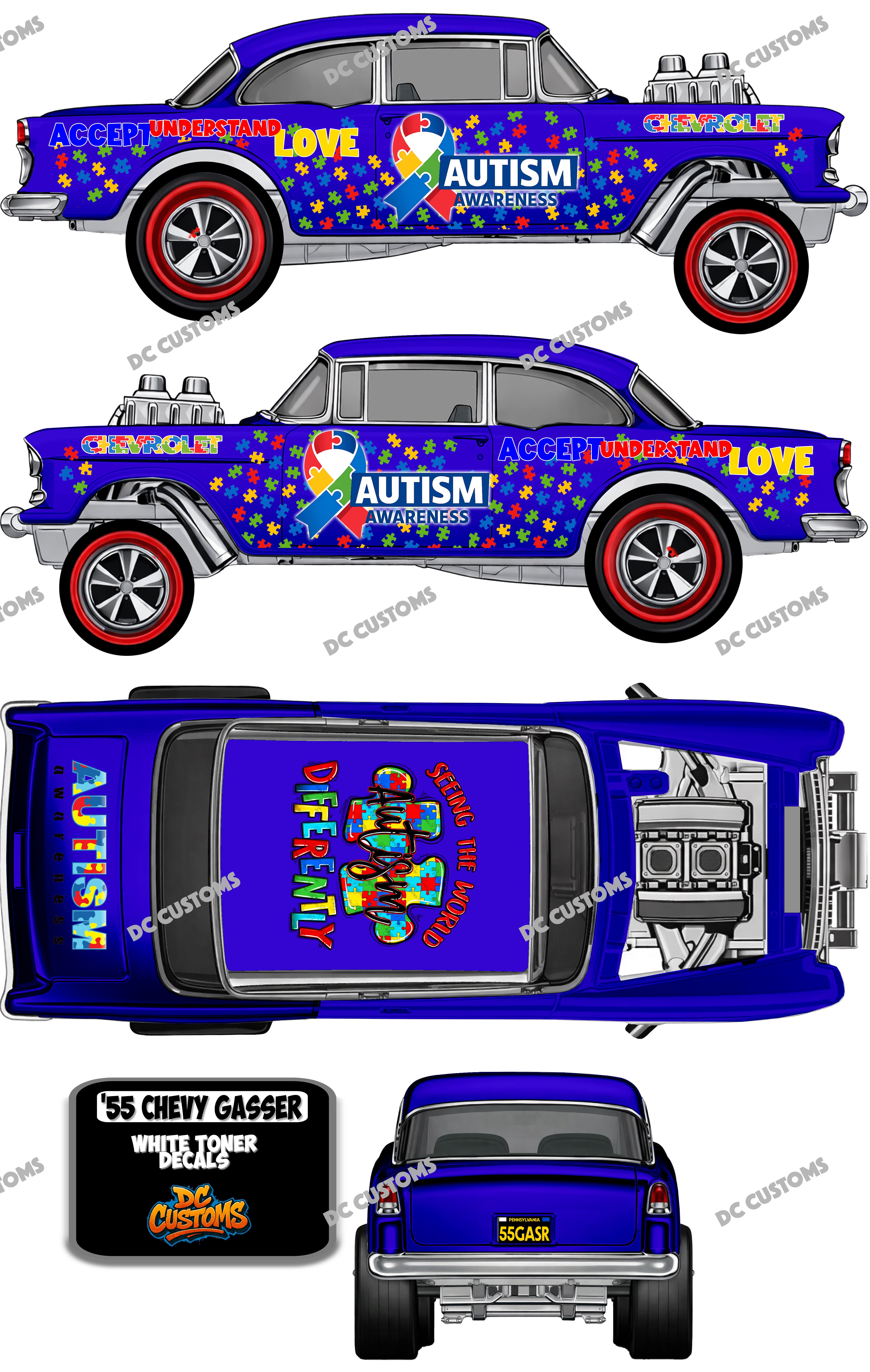 55 CHEVY GASSER (WHITE TONER) DECALS AUTISM AWARENESS