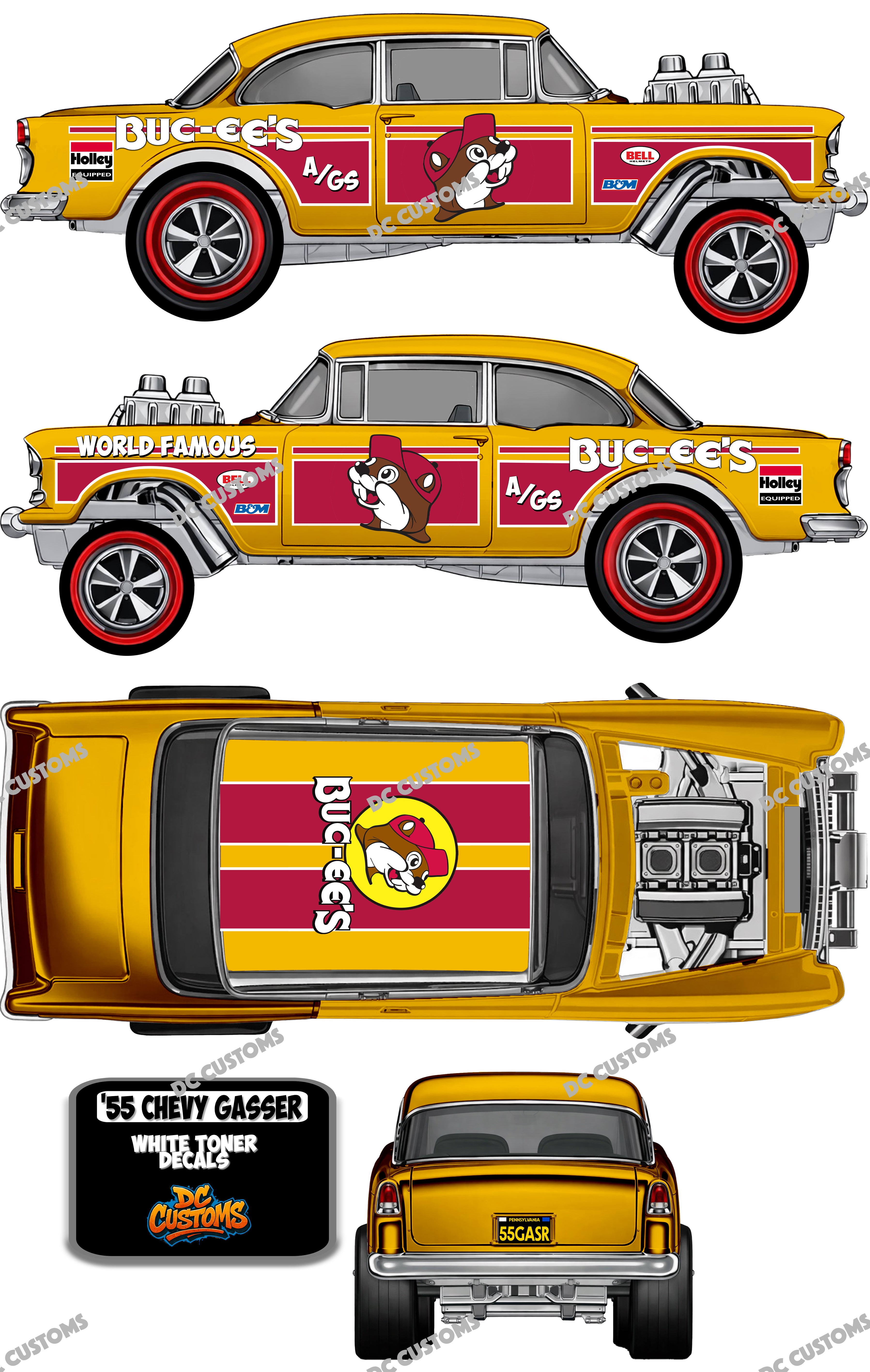 55 CHEVY GASSER (WHITE TONER) DECALS BUCEE
