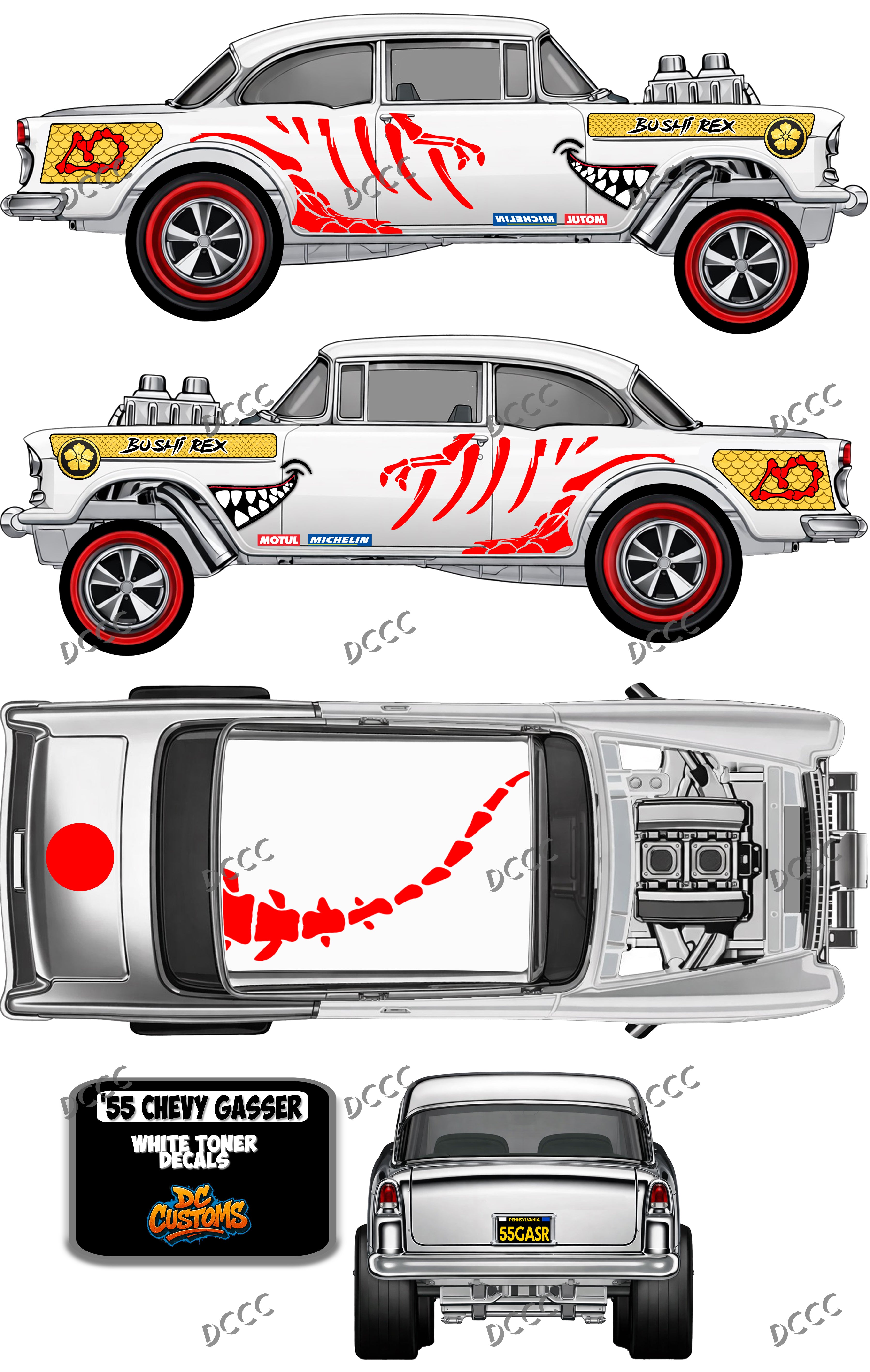 55 CHEVY GASSER (WHITE TONER) DECALS BUSHI REX