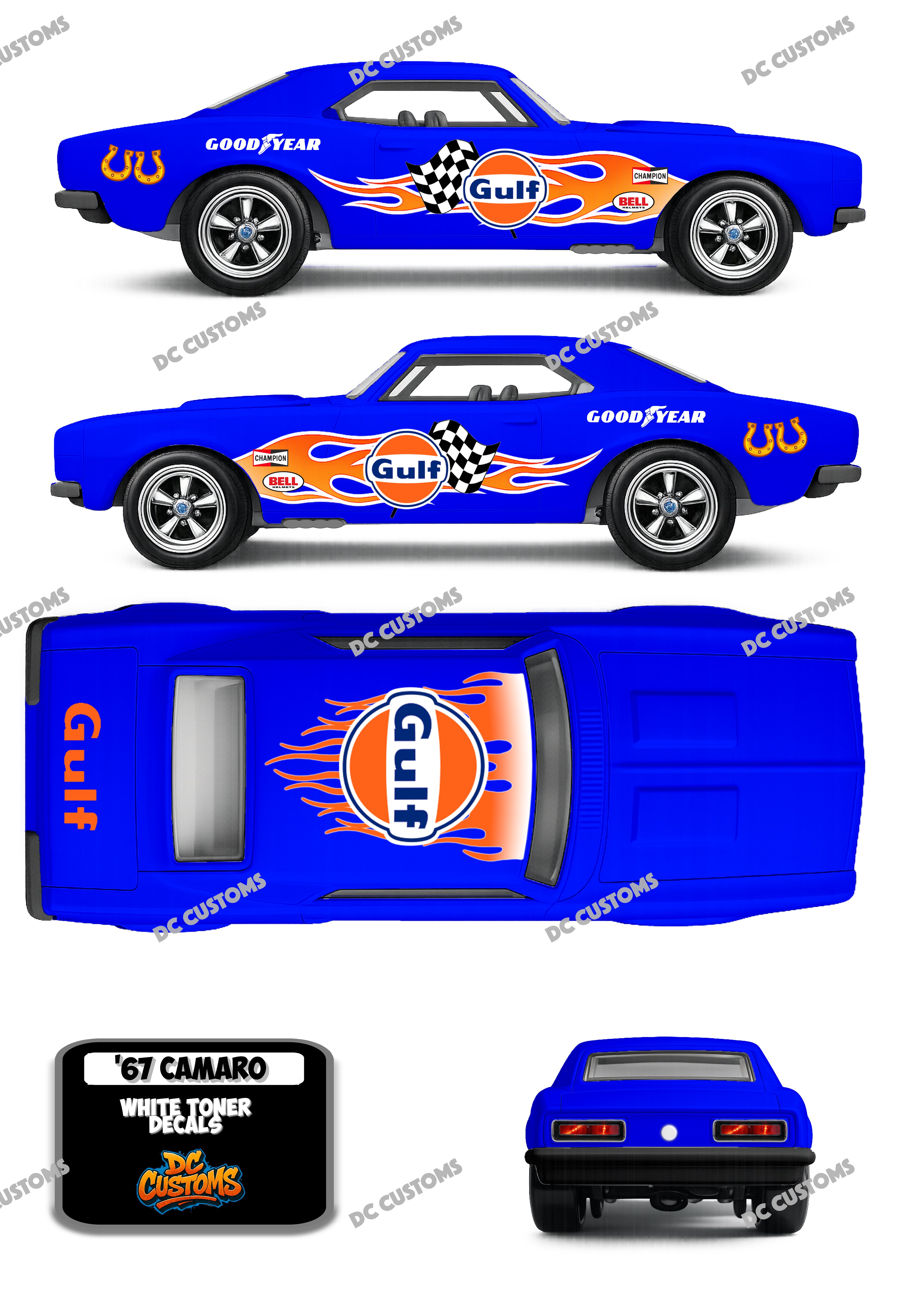 67 CHEVY CAMARO (WHITE TONER) DECALS GULF