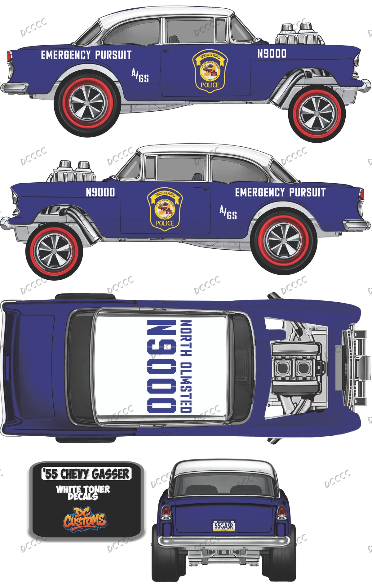55 CHEVY GASSER (WHITE TONER) DECALS COP ROD