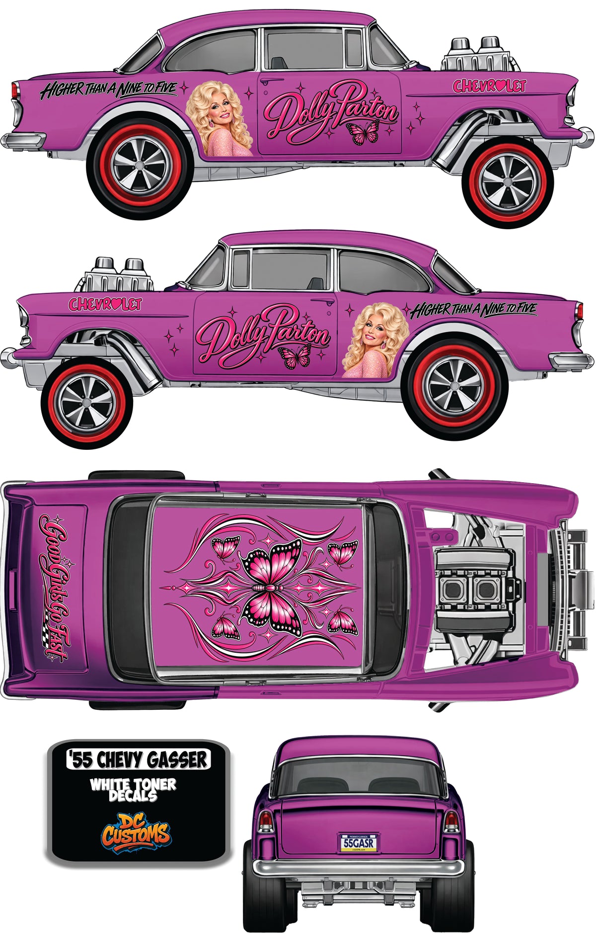 55 CHEVY GASSER (WHITE TONER) DECALS DOLLY PARTON