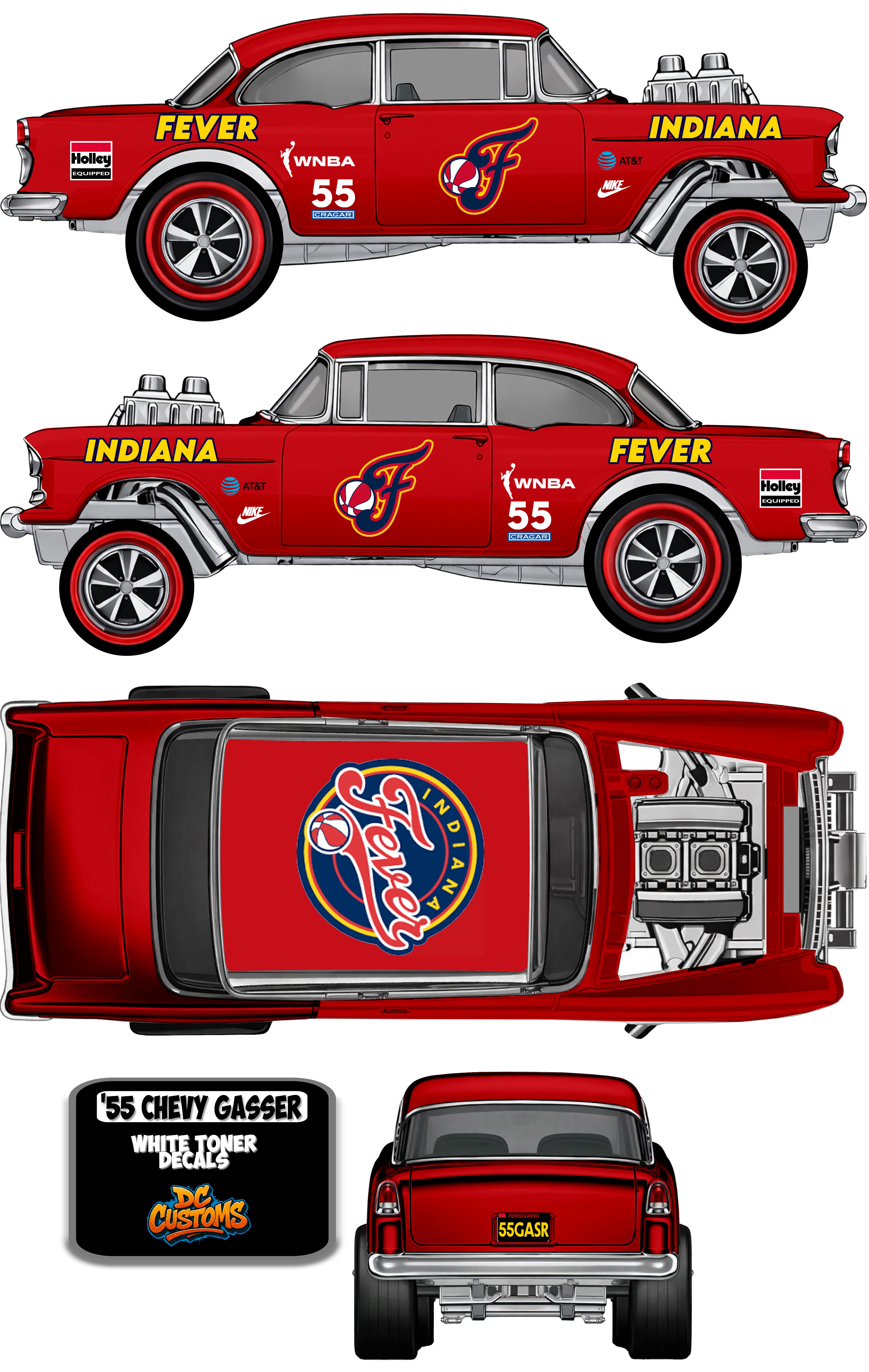 55 CHEVY GASSER (WHITE TONER DECALS) INDIANA FEVER
