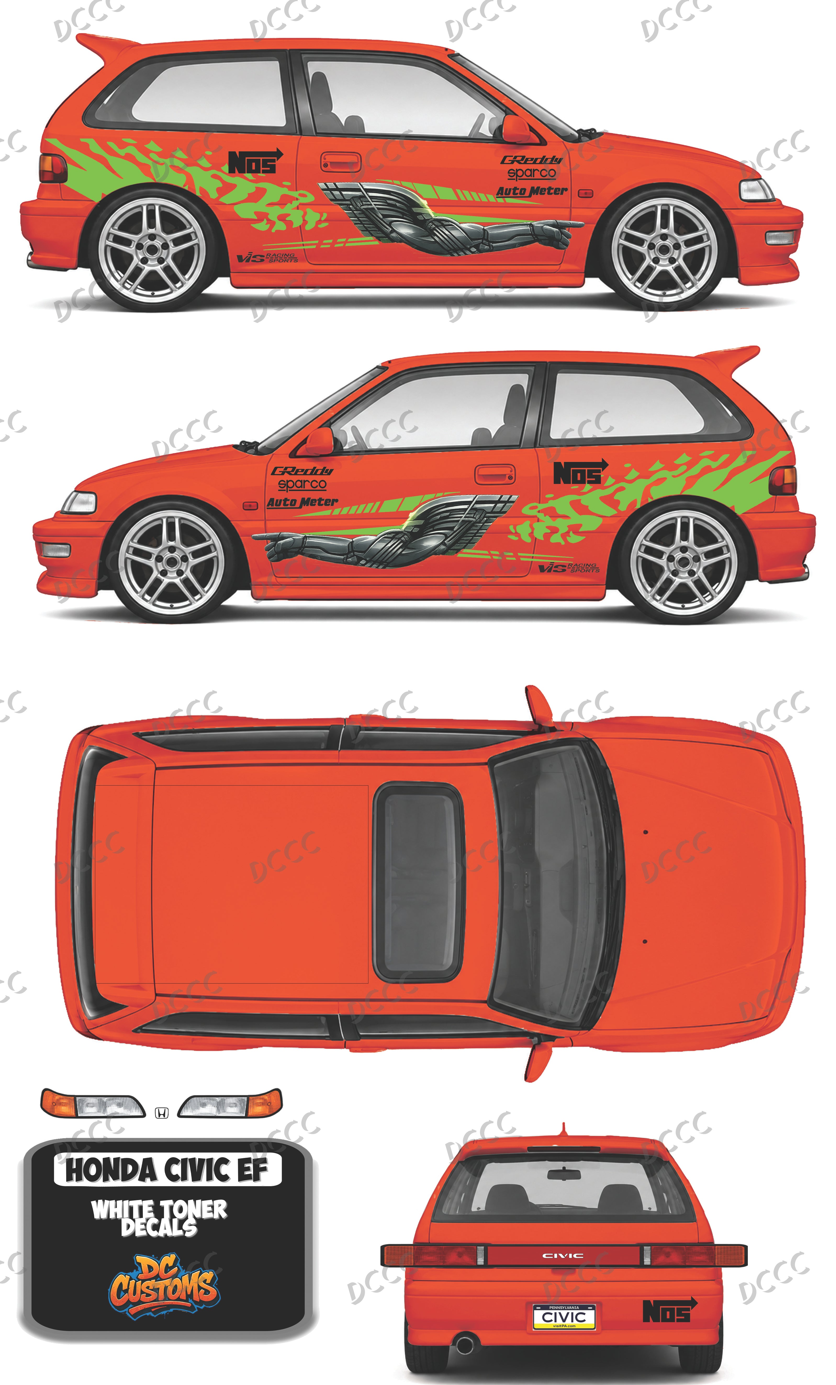 HONDA CIVIC EF (WHITE TONER) DECALS F&F ORANGE