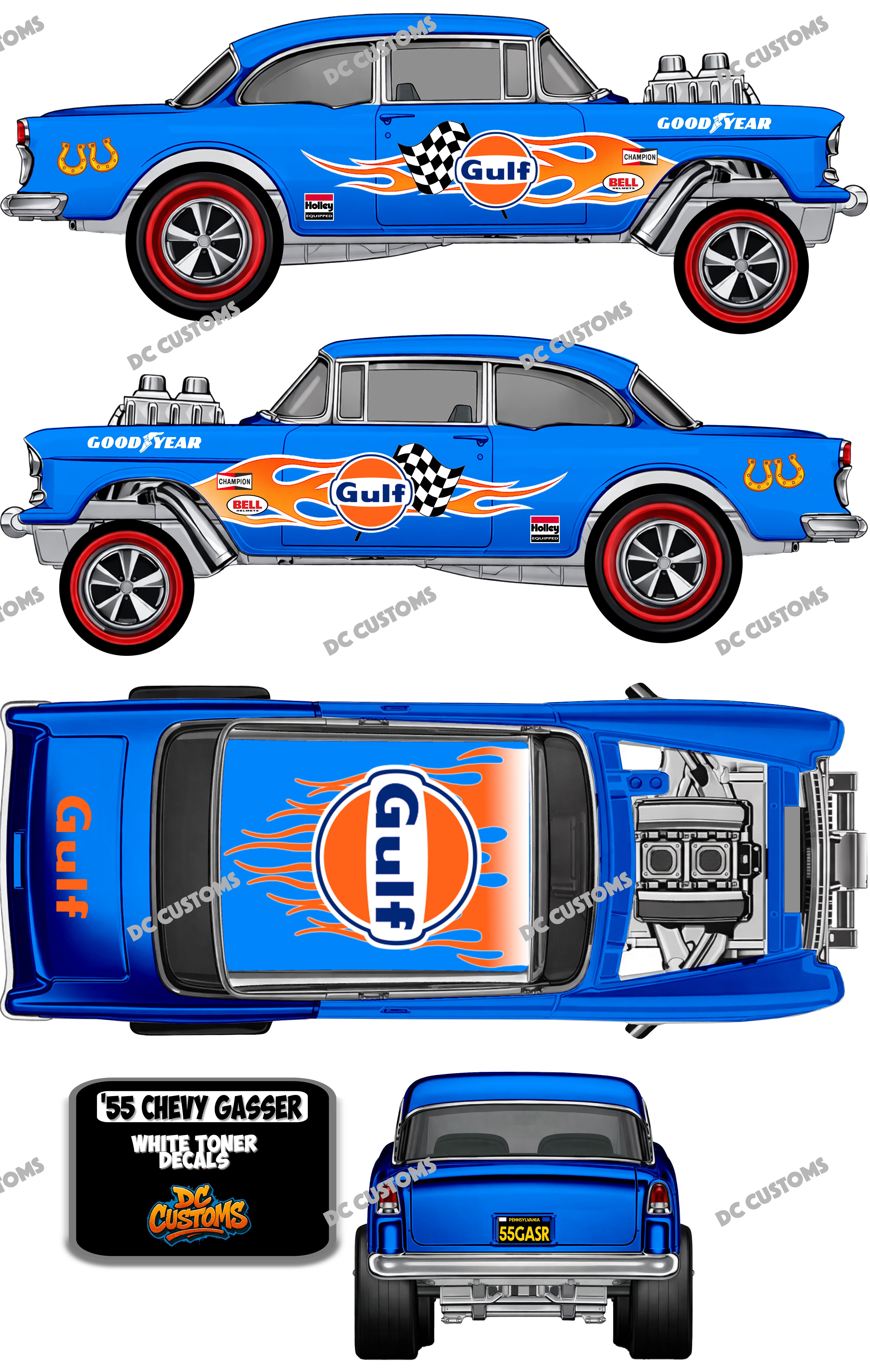 55 CHEVY (WHITE TONER) DECALS GULF V2