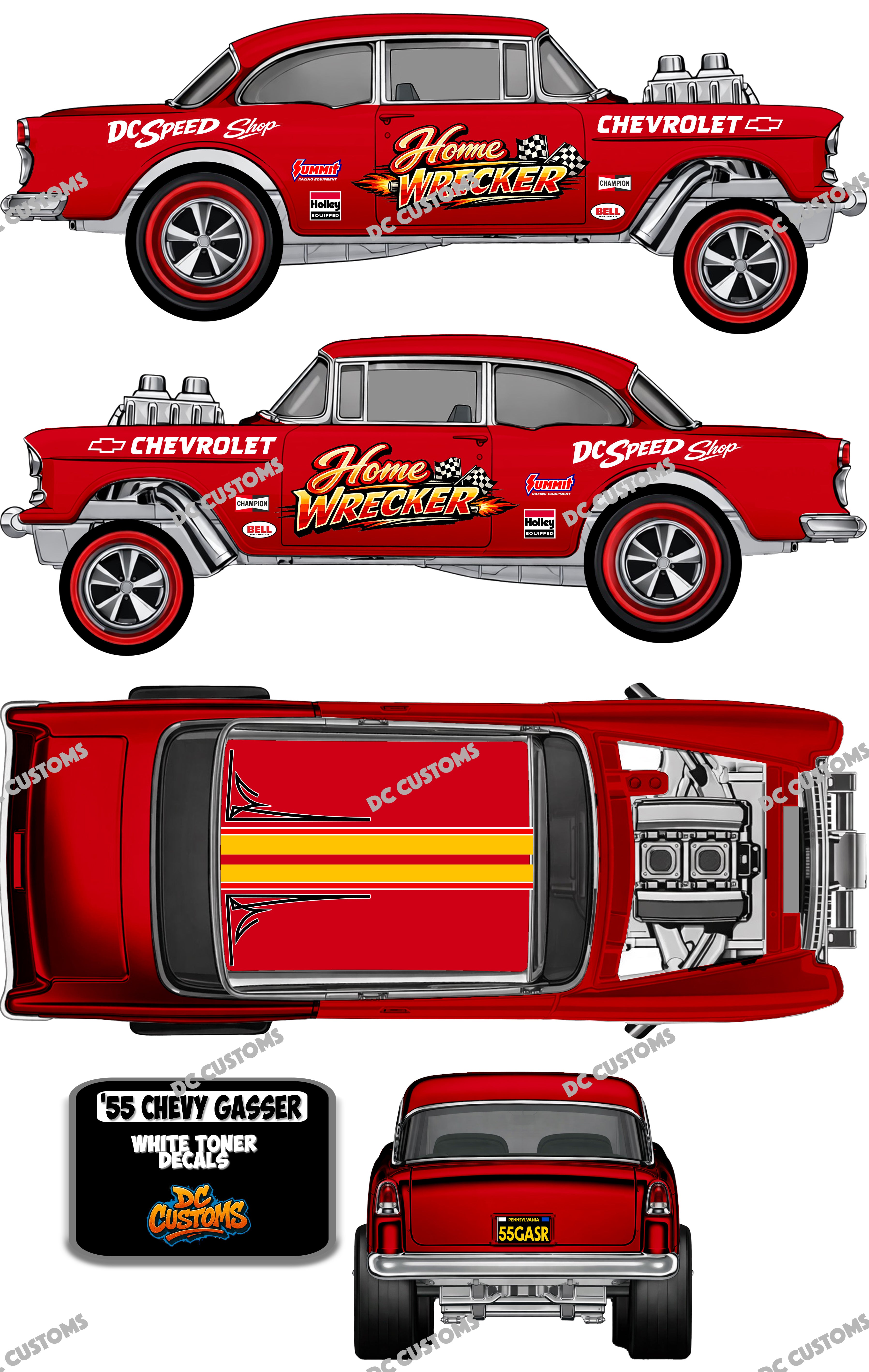 55 CHEVY GASSER (WHITE TONER DECALS) HOME WRECKER