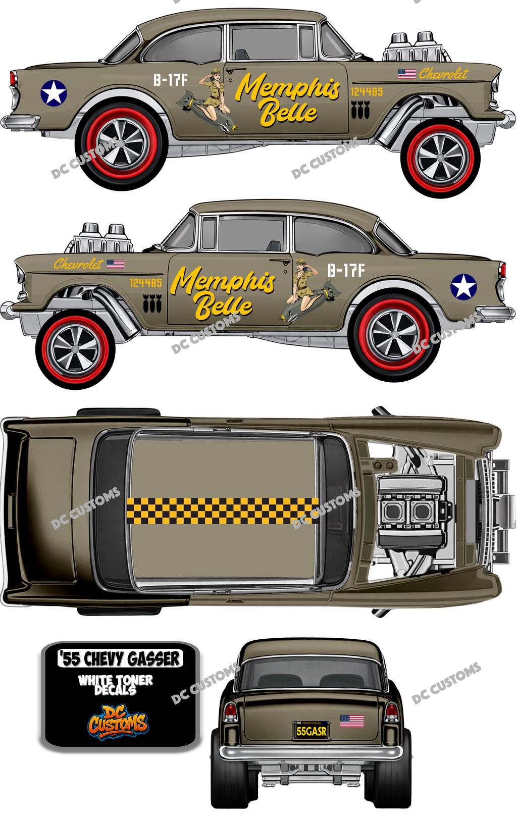55 CHEVY GASSER (WHITE TONER) DECALS MEMPHIS BELLE