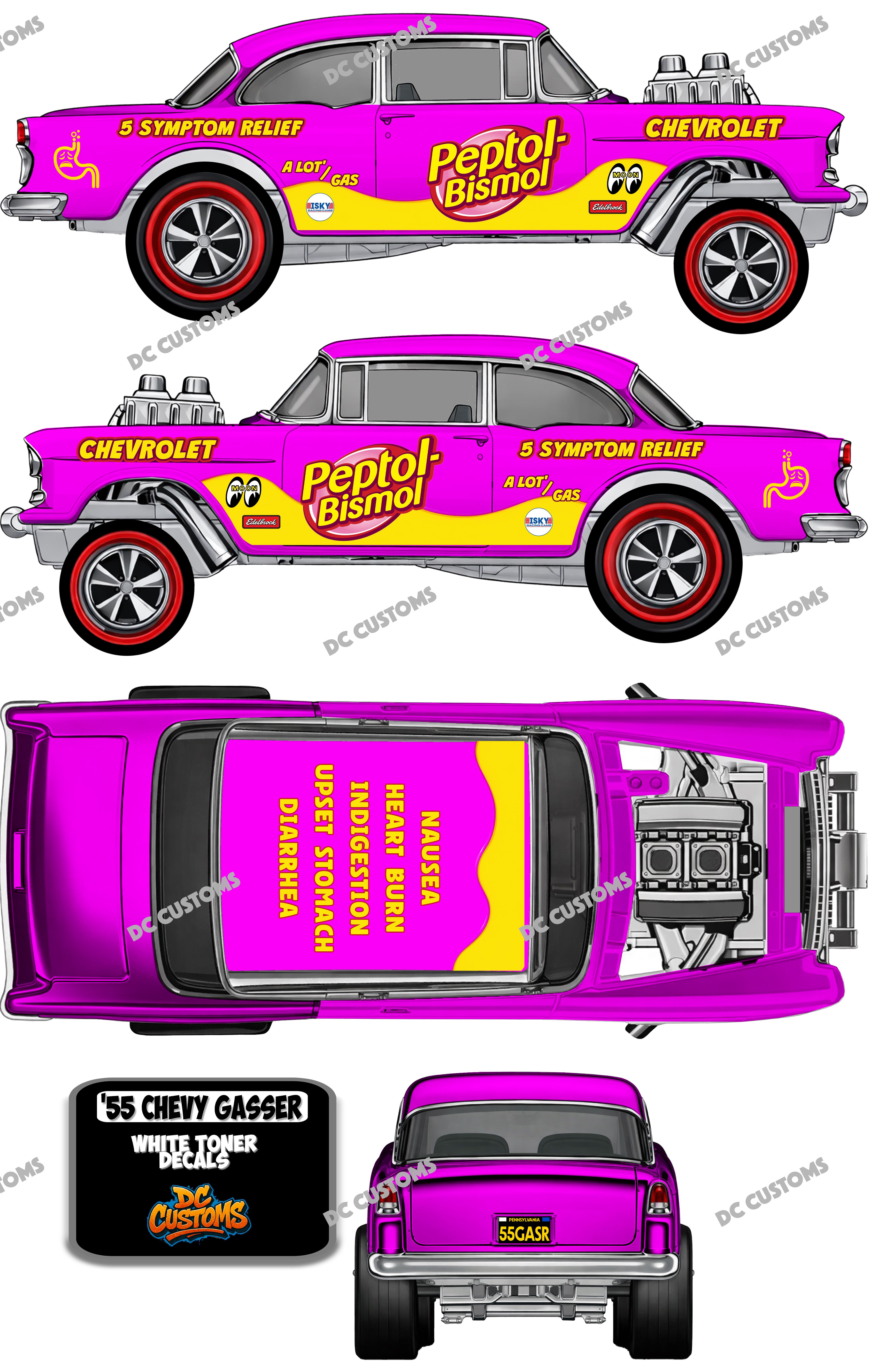 55 CHEVY GASSER (WHITE TONER) DECALS PEPTO