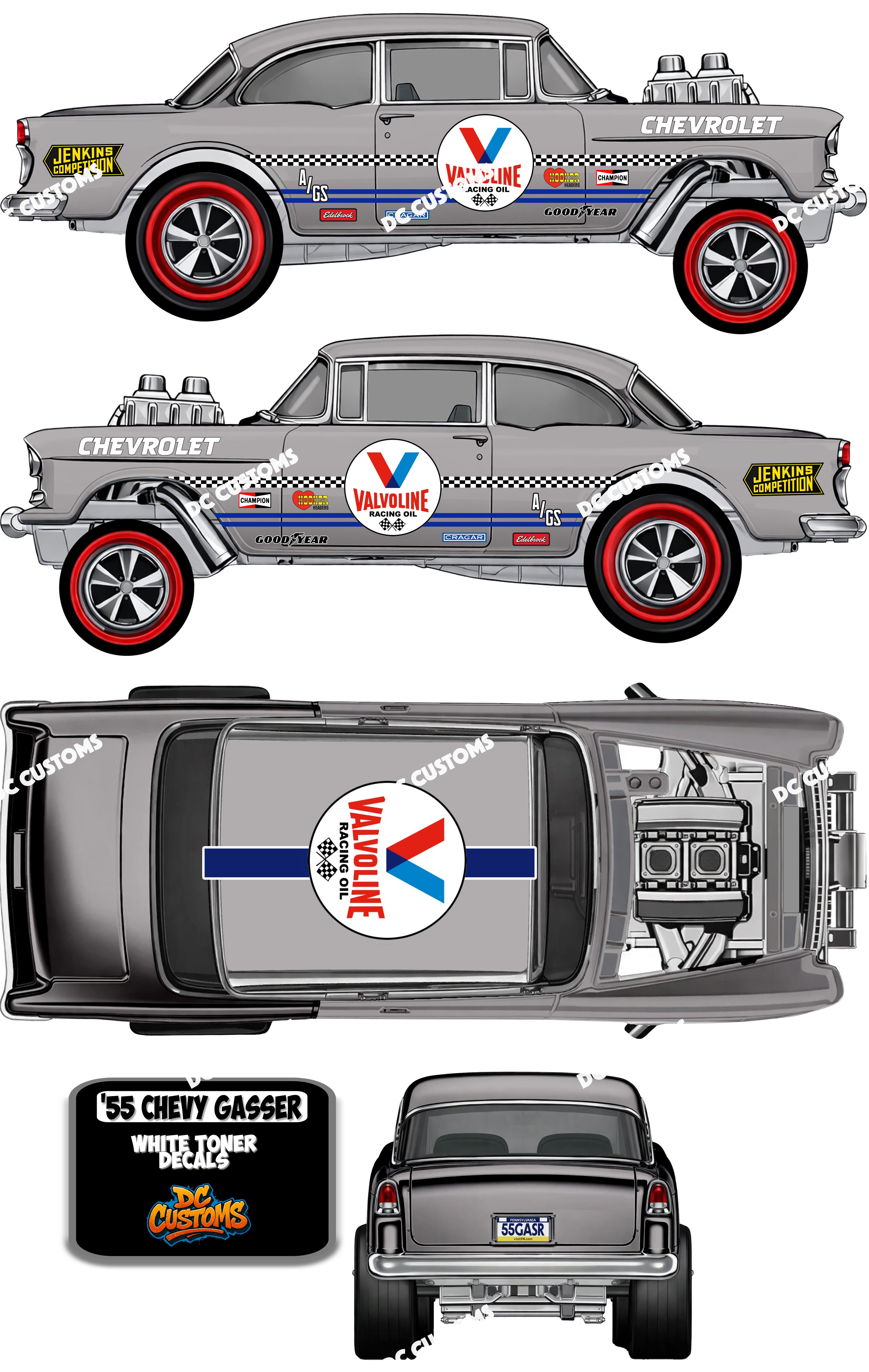 55 CHEVY GASSER (WHITE TONER) DECALS VALV0LINE