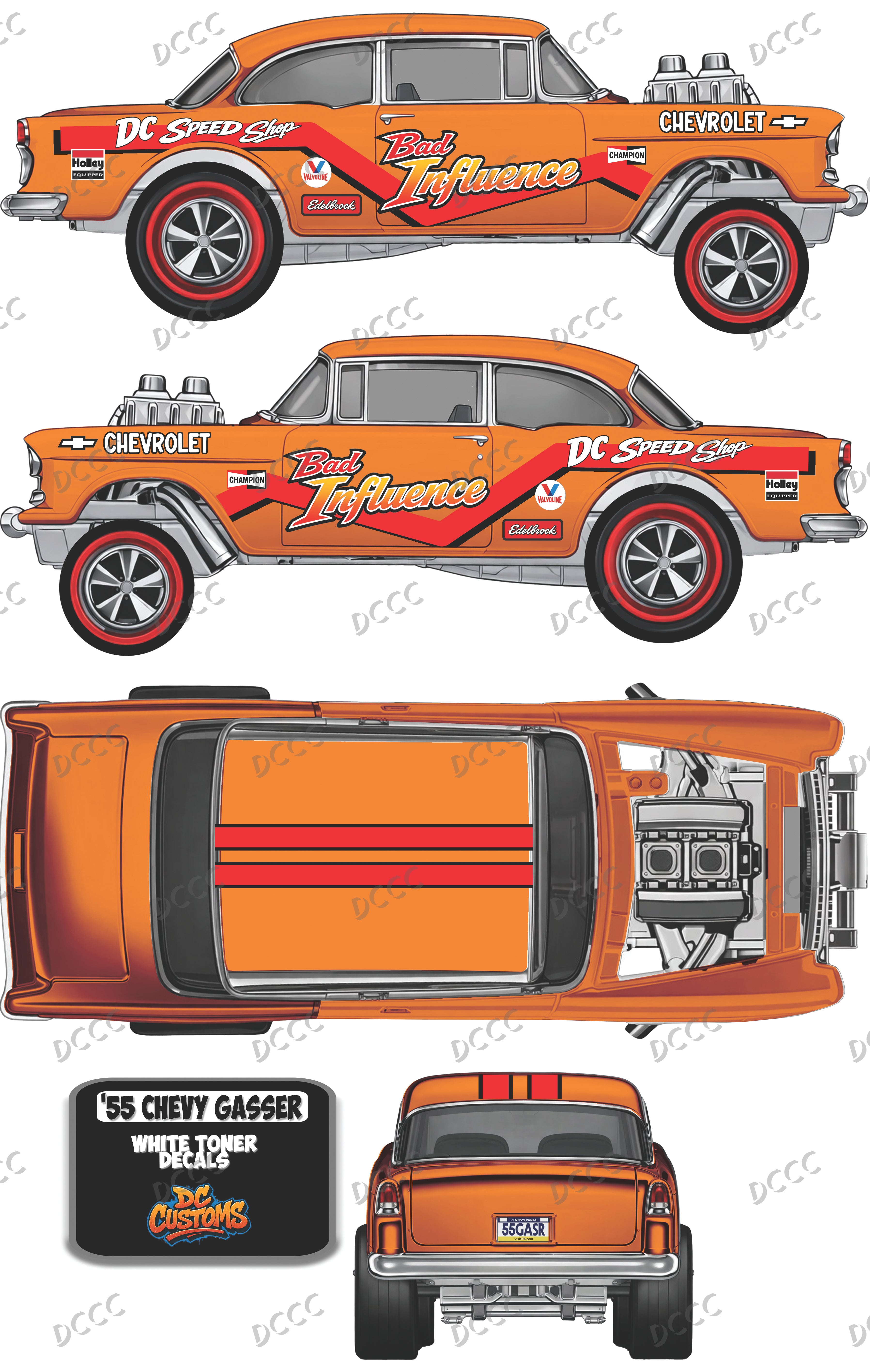 55 CHEVY GASSER (WHITE TONER ) DECALS BAD INFLUENCE