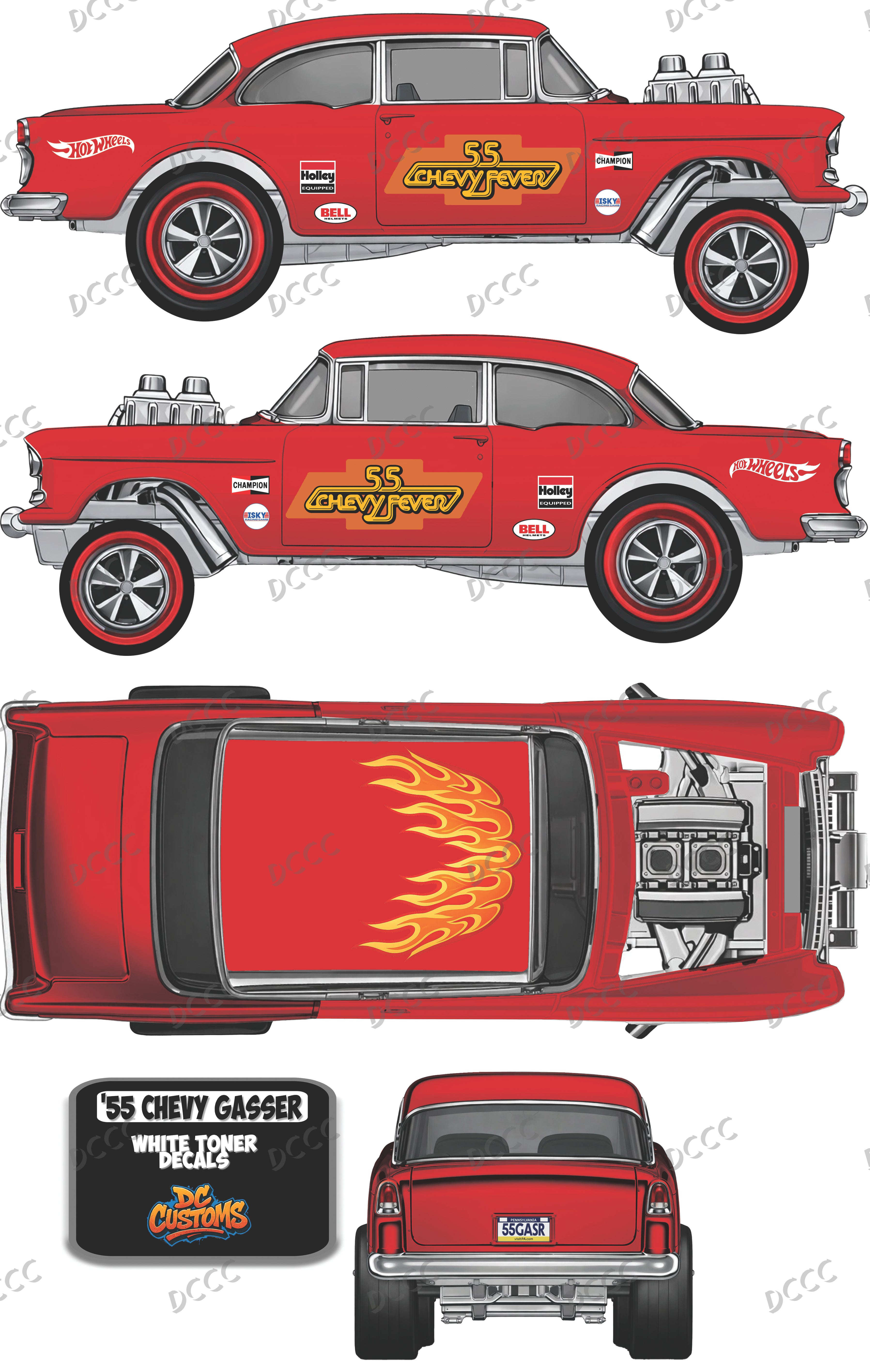 55 CHEVY GASSER (WHITE TONER)DECALS "CHEVY FEVER"
