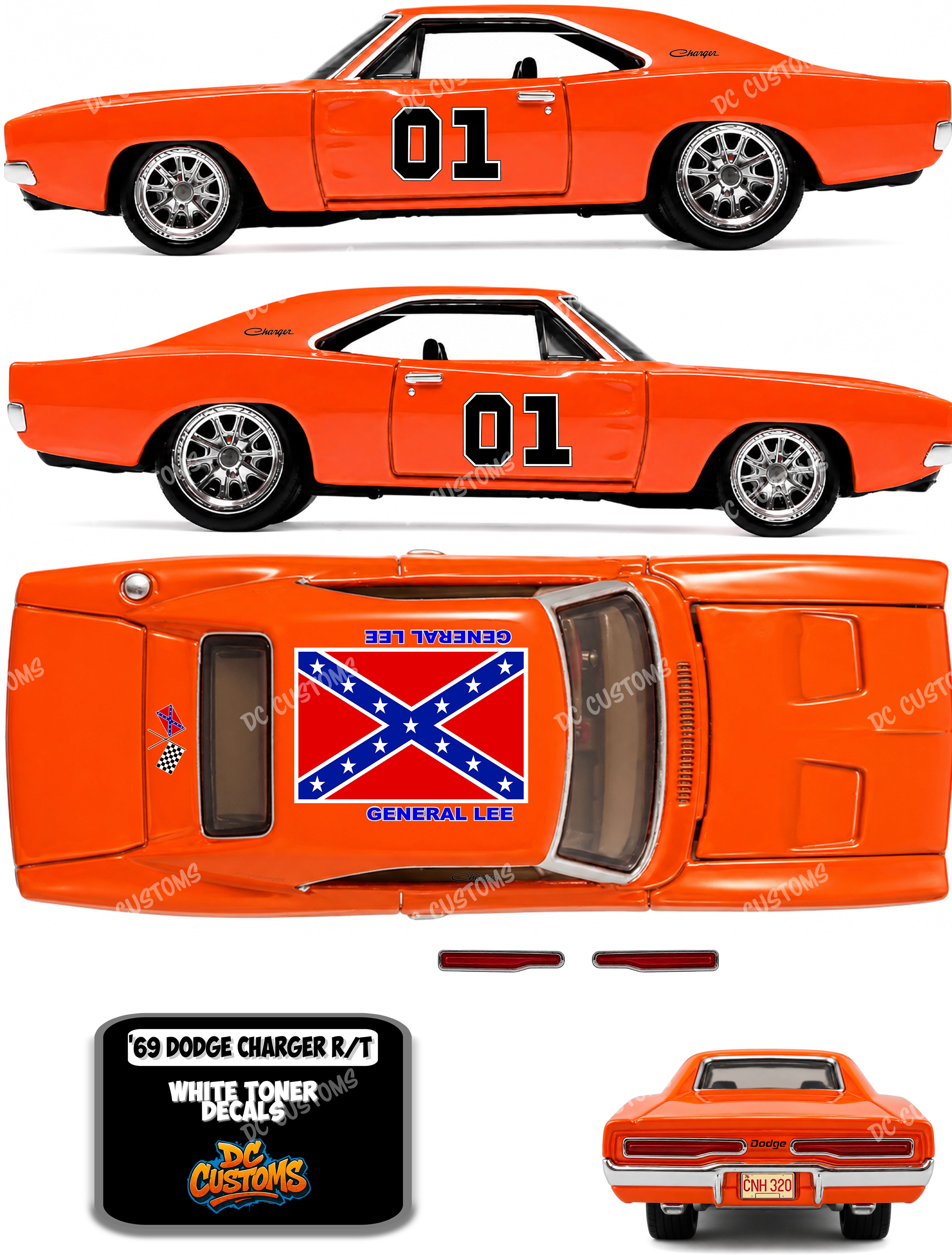 69 DODGE CHARGER (WHITE TONER)DECALS GENERAL LEE