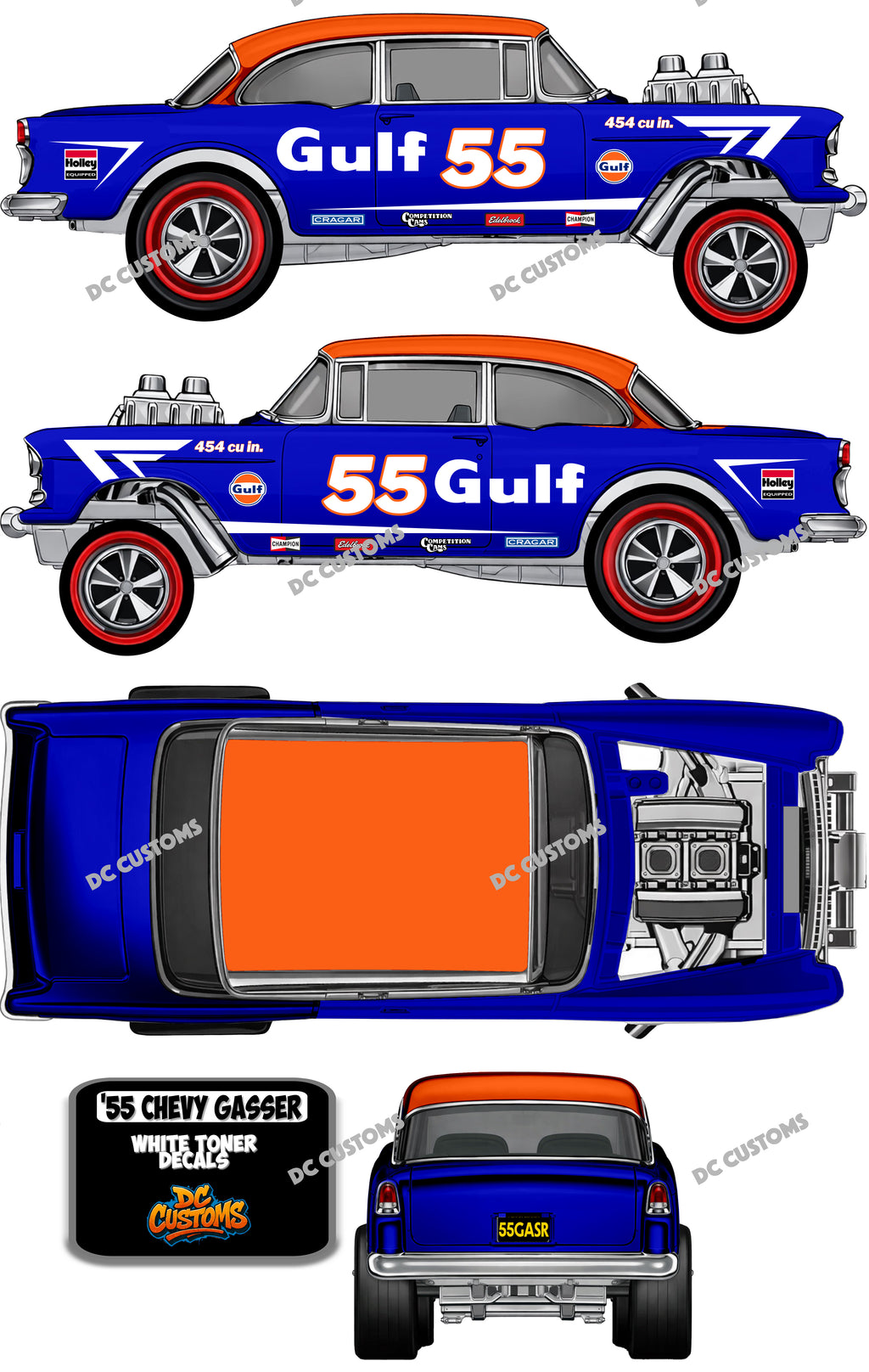 55 CHEVY GASSER (WHITE TONER) DECALS GULF V4