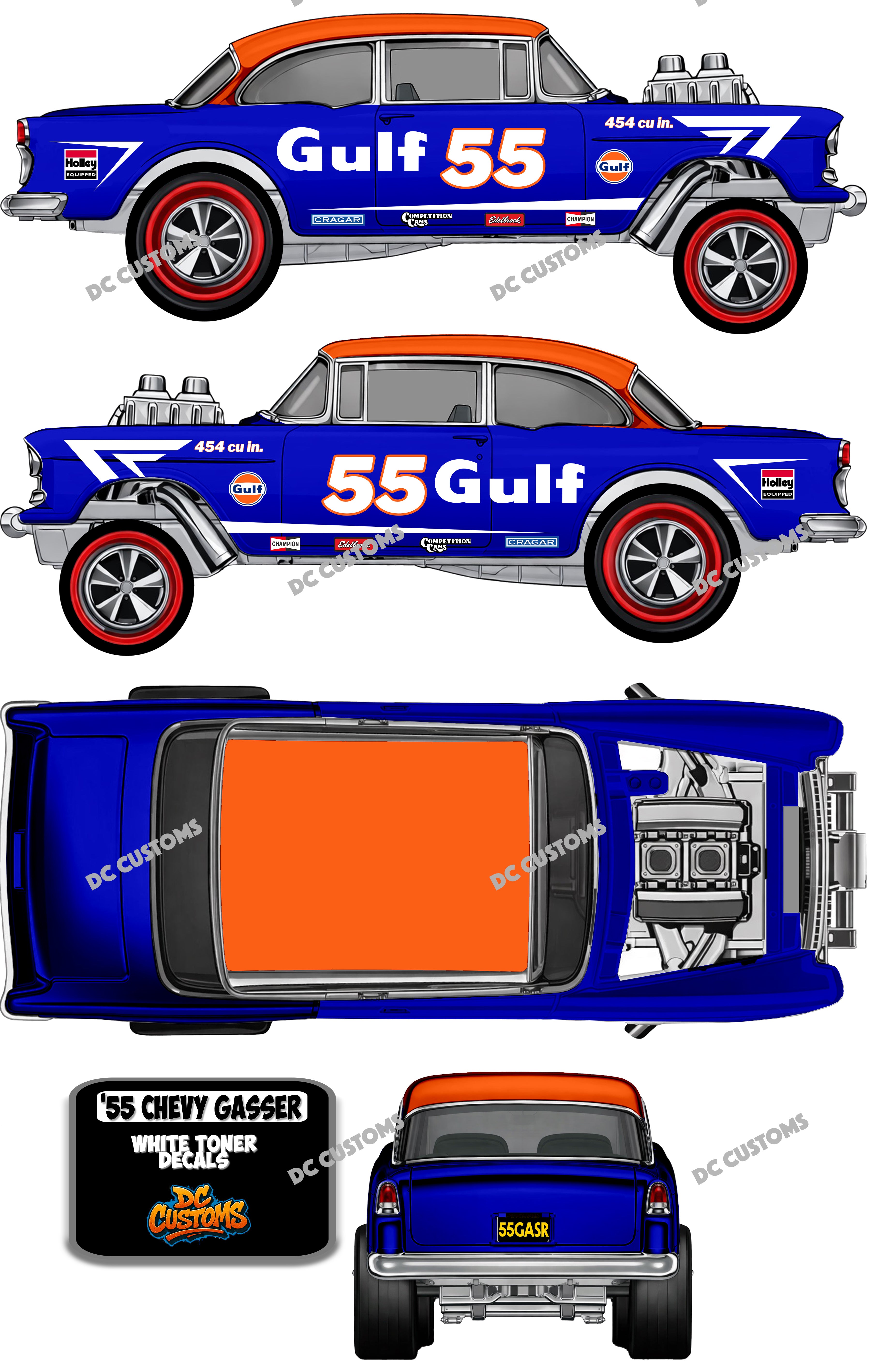 55 CHEVY GASSER (WHITE TONER) DECALS GULF V4