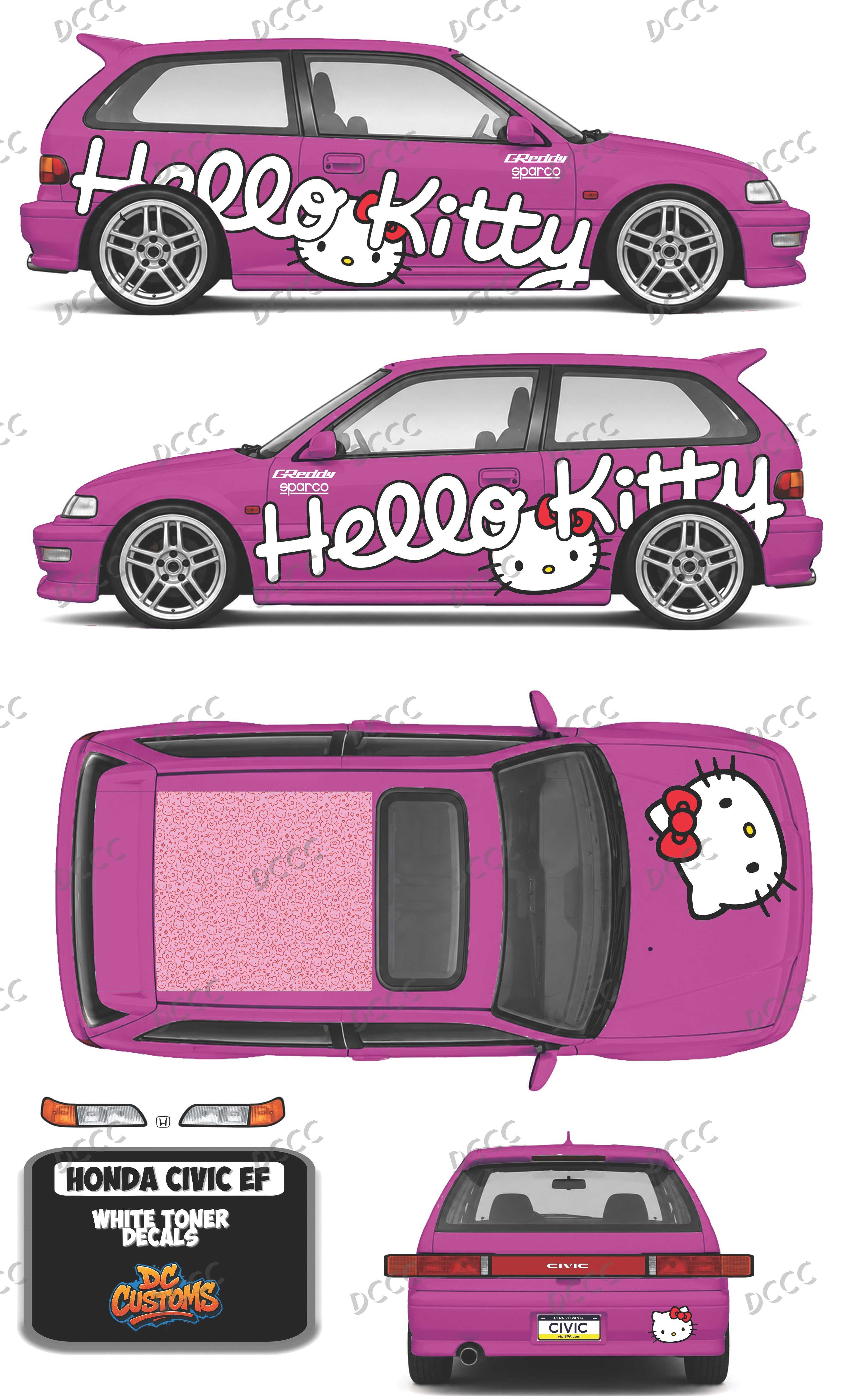 HONDA CIVIC EF (WHITE TONER) DECALS HELLO KITTY
