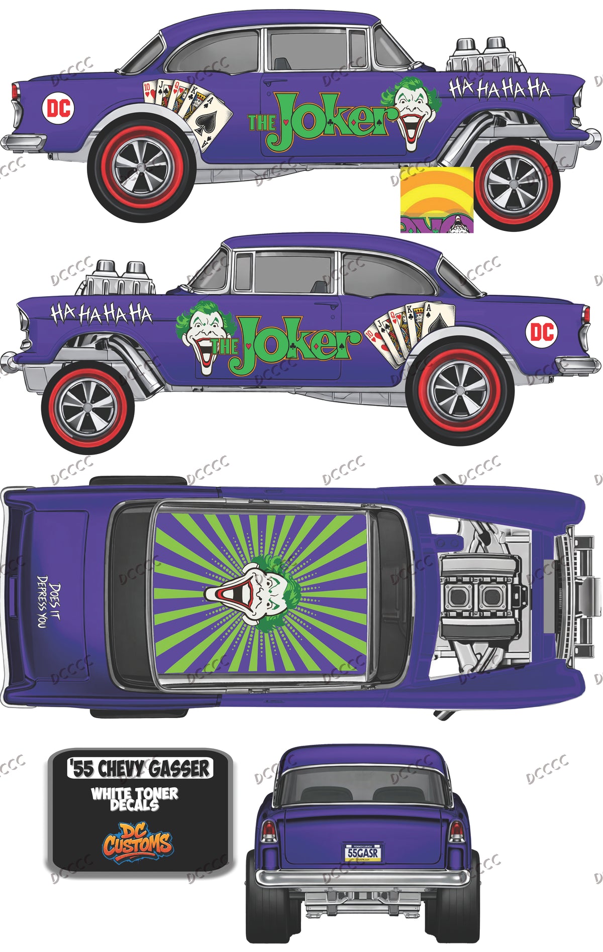 55 CHEVY GASSER (WHITE TONER) DECALS THE JOKER