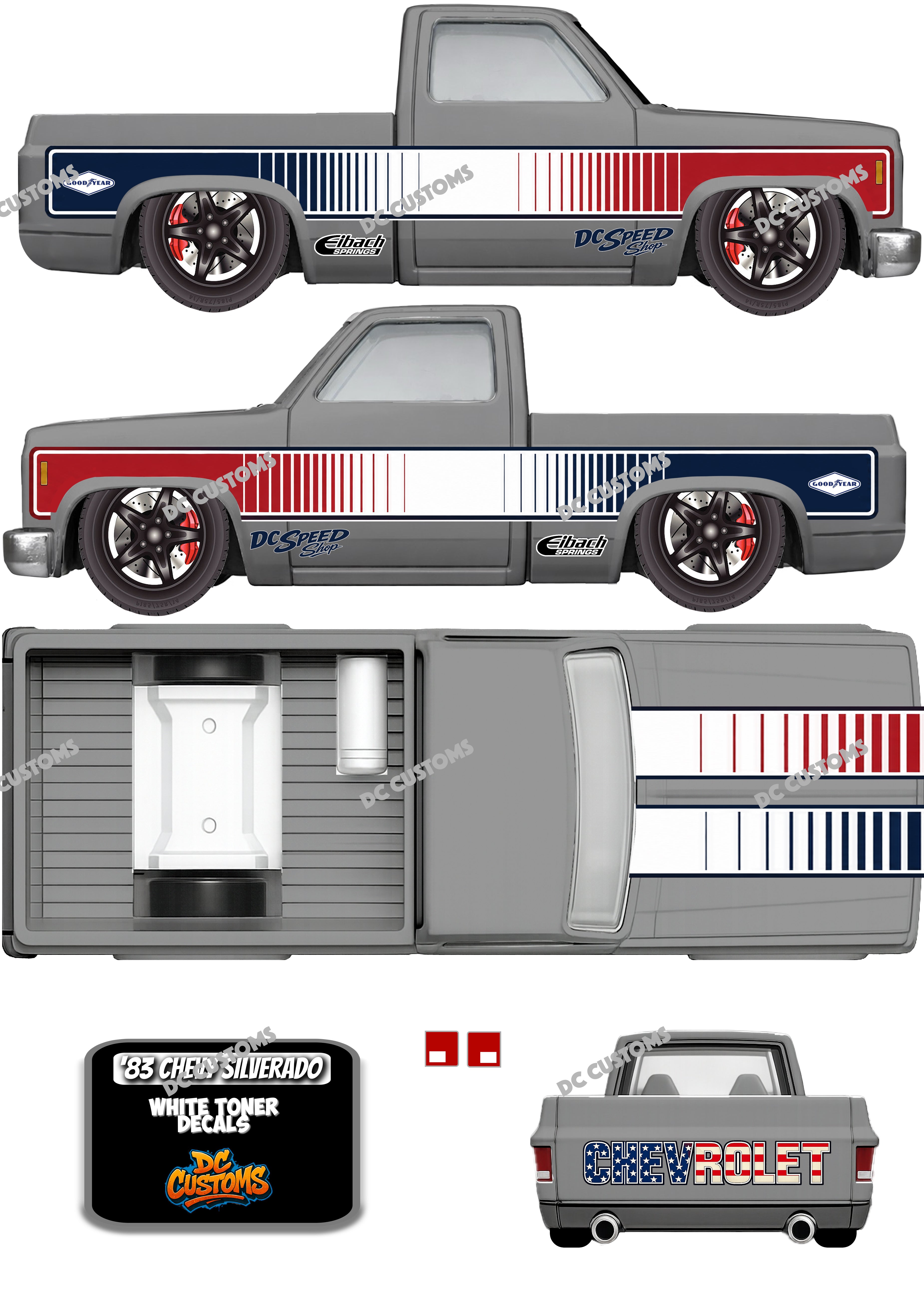 83 CHEVY SILVERADO (WHITE TONER) DECALS RED WHITE BLUE