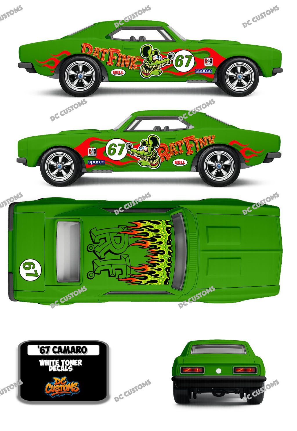 67 CAMARO (WHITE TONER) DECALS RAT FINK