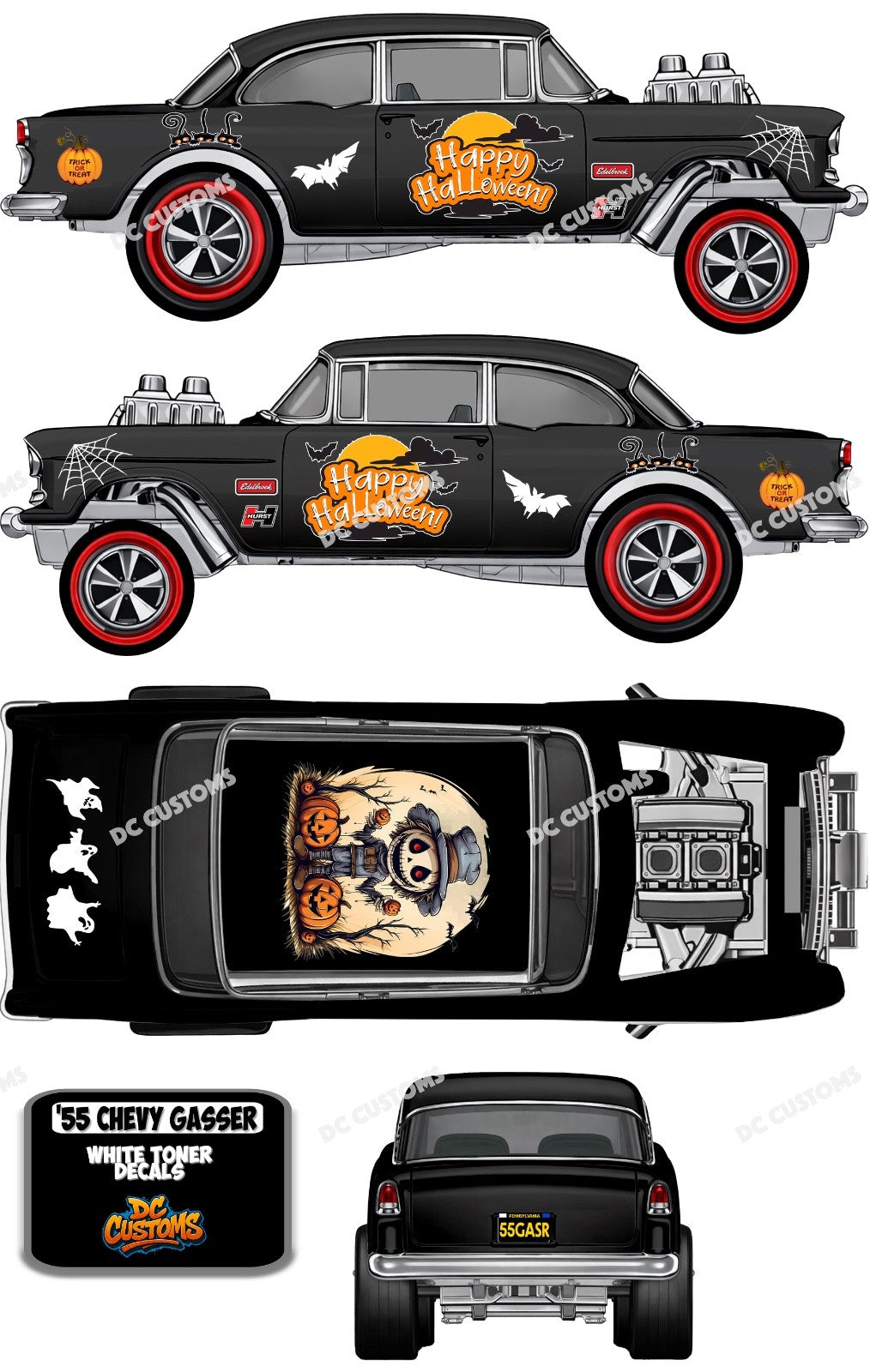 55 CHEVY GASSER (WHITE TONER) DECALS HALLOWEEN
