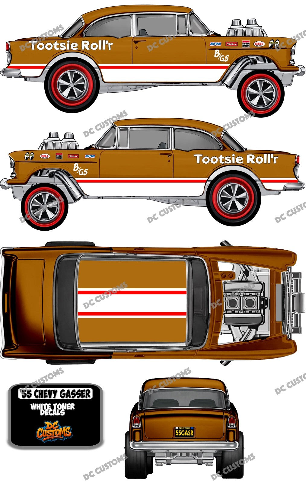 55 CHEVY GASSER (WHITE TONER) DECALS TOOTSIE ROLL'R
