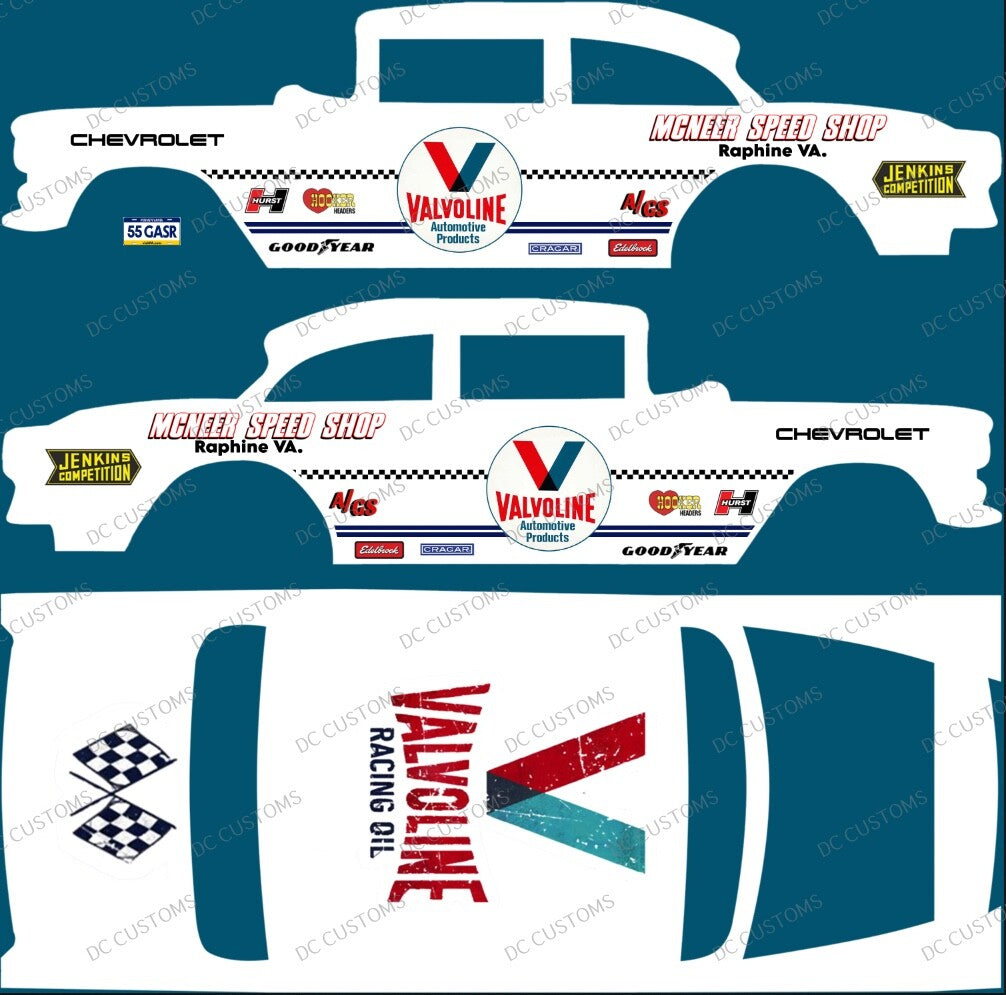 55 CHEVY GASSER (WHITE TONER) DECALS VALV0LINE