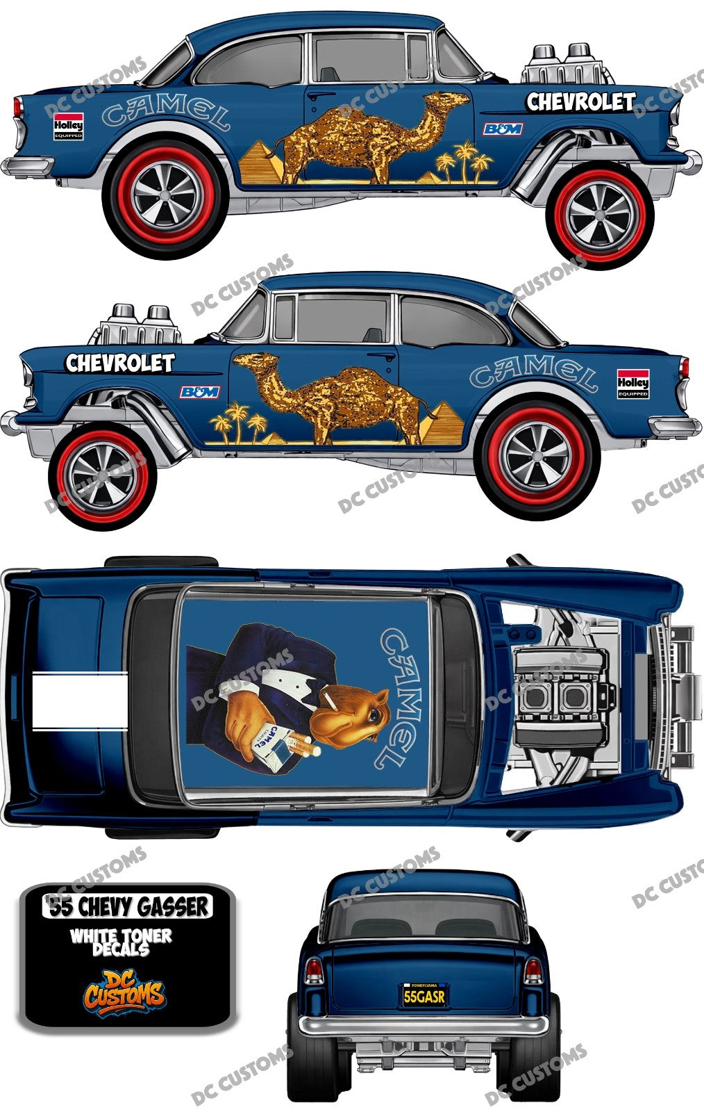 55 CHEVY GASSER (WHITE TONER) DECALS CAMEL
