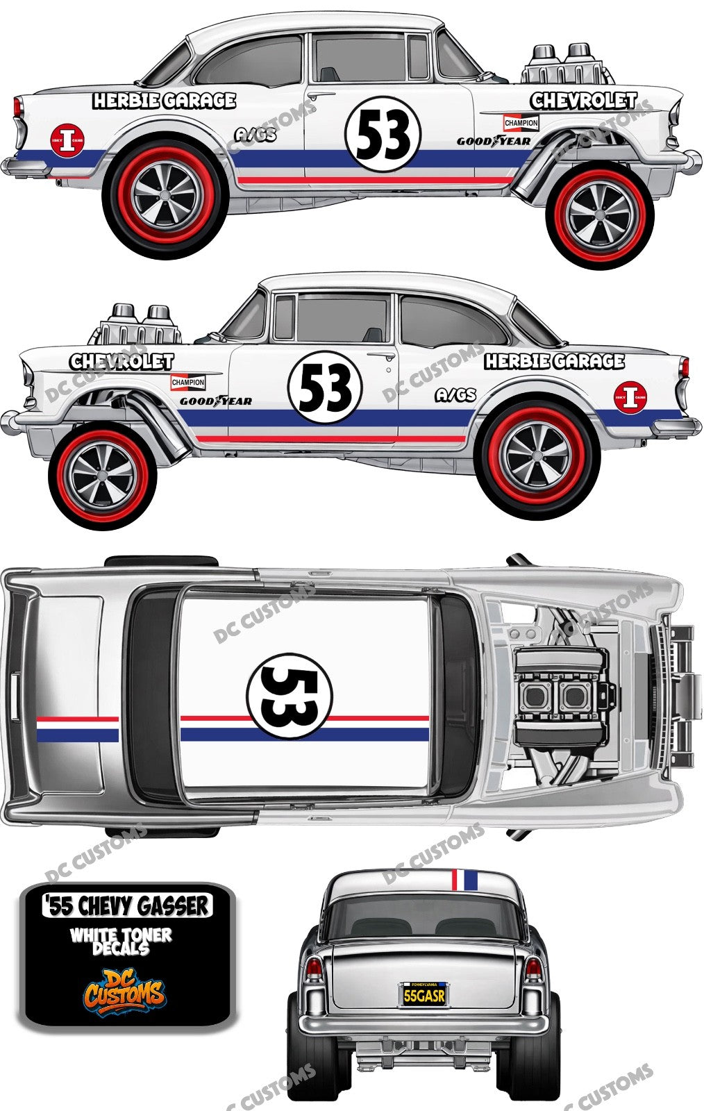 55 CHEVY GASSER (WHITE TONER) DECALS HERBIE 53
