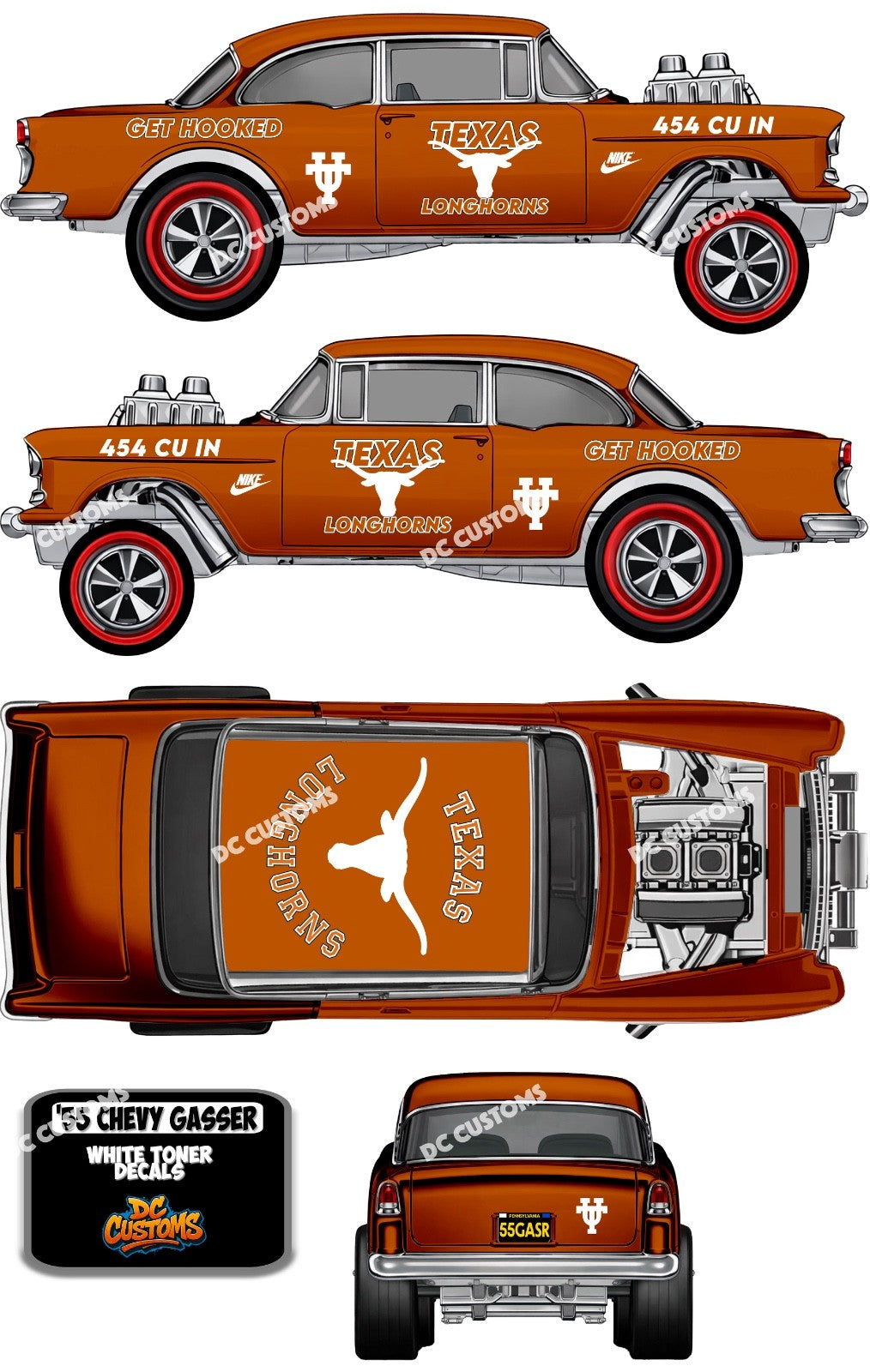 55 CHEVY GASSER (WHITE TONER) DECALS TEXAS LONGHORNS
