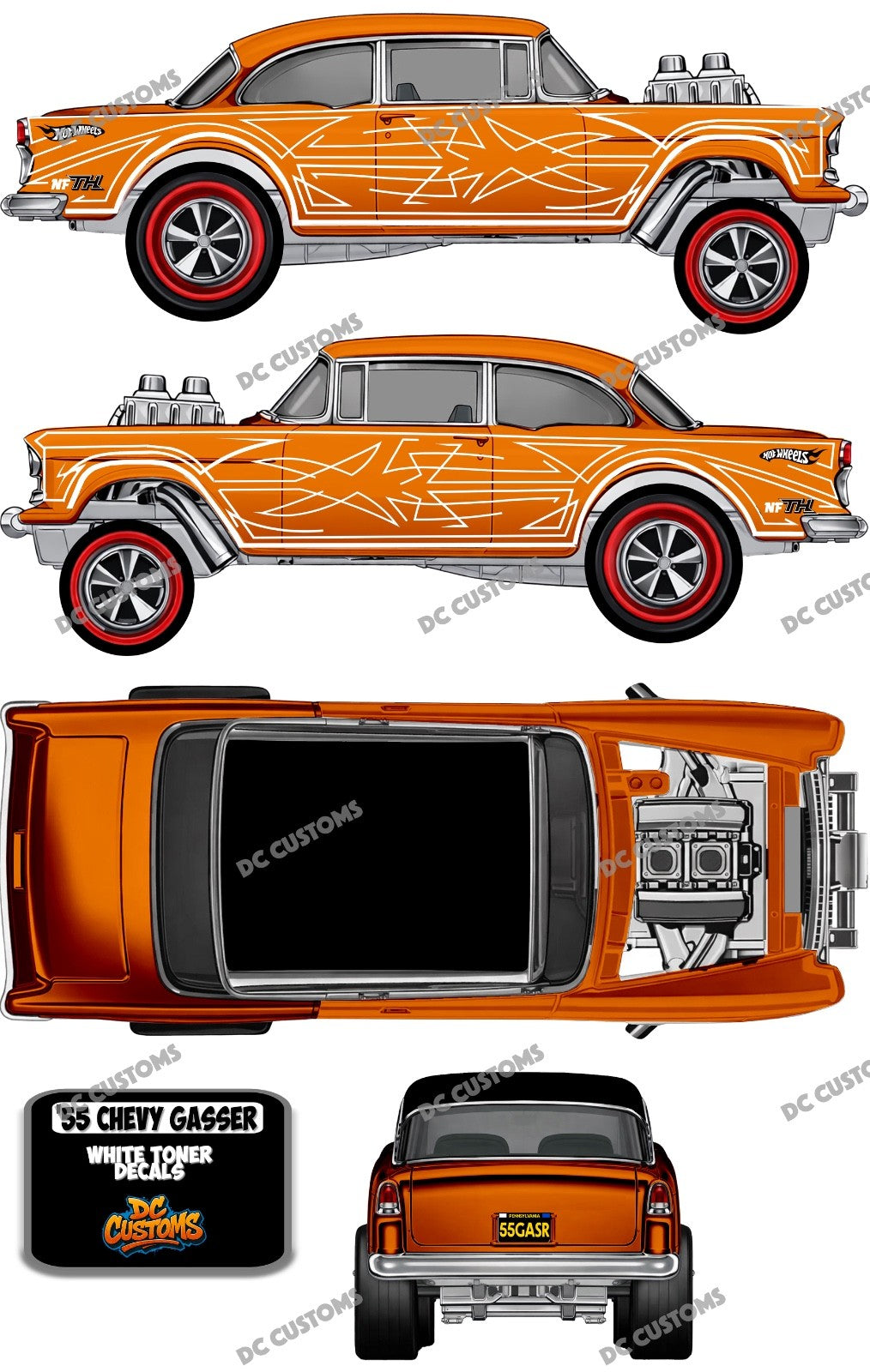 55 CHEVY GASSER (WHITE TONER) DECALS HWNFT