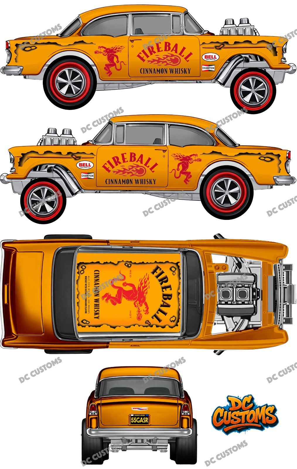 55 CHEVY GASSER (WHITE TONER) DECALS FIREBALL
