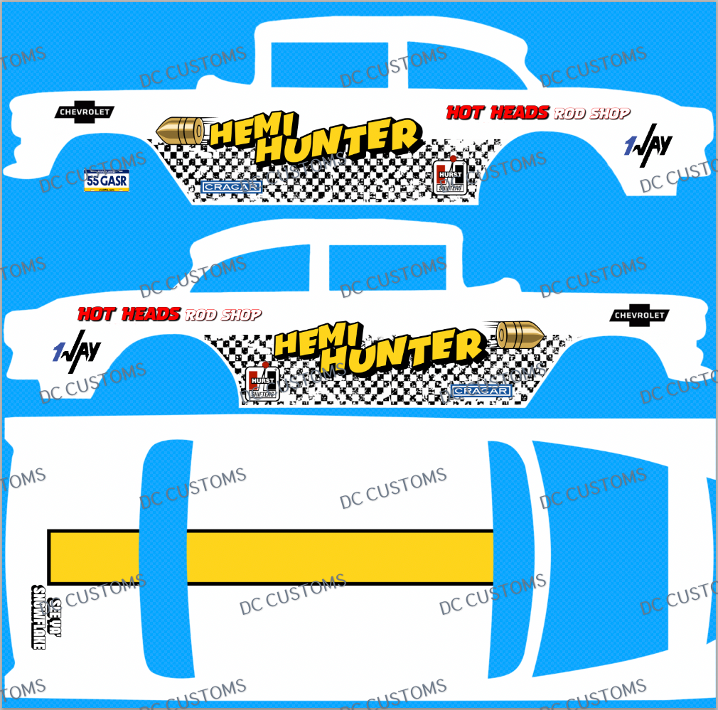 55 CHEVY GASSER (WHITE TONER) DECALS HEMI HUNTER