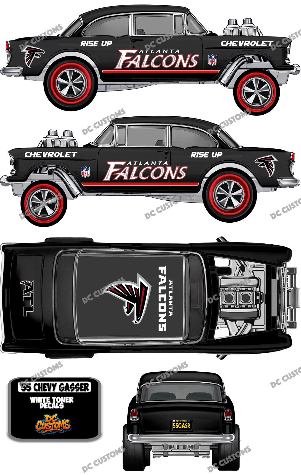 55 CHEVY GASSER (WHITE TONER) DECALS FALCONS