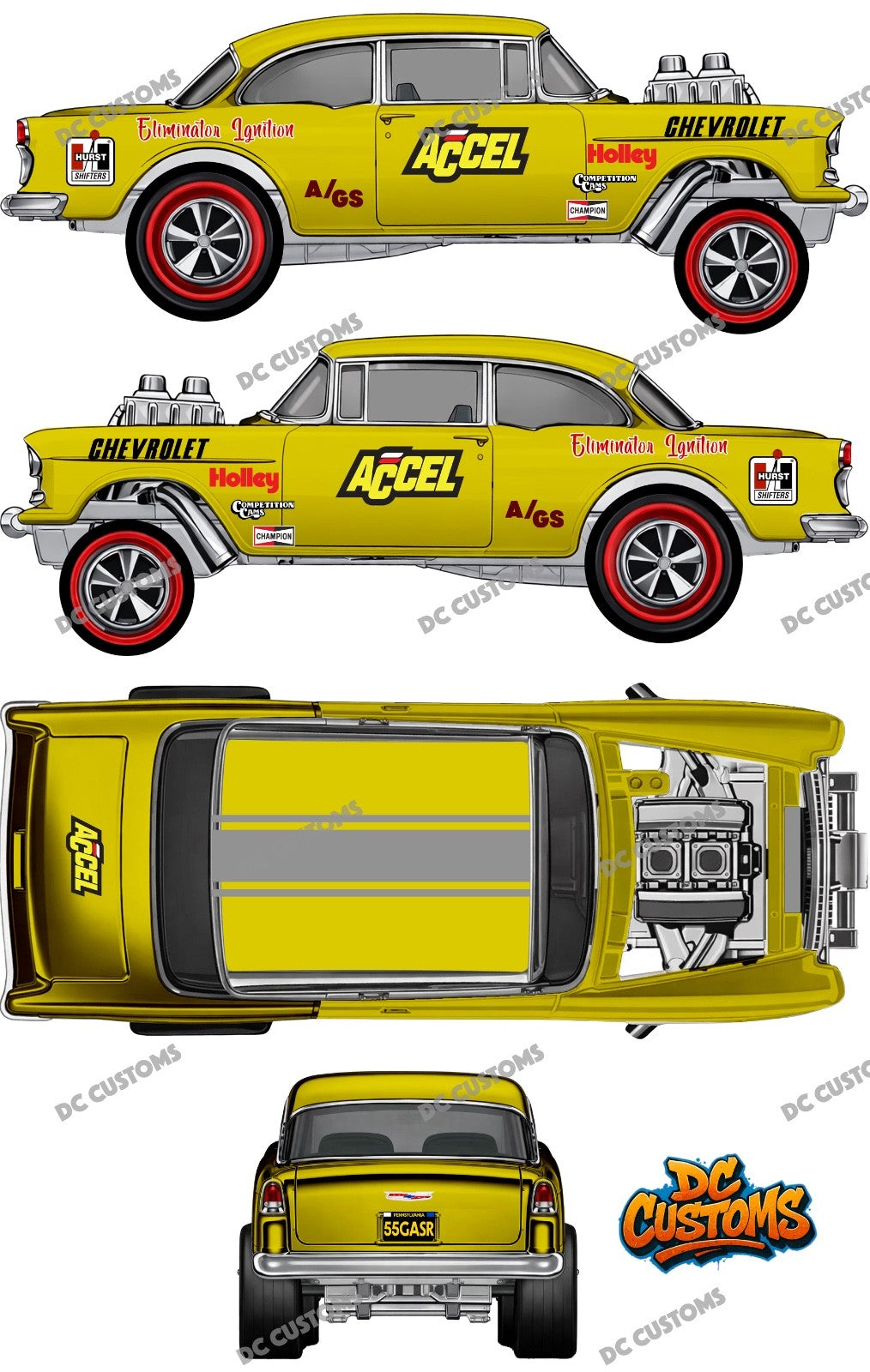 55 CHEVY GASSER (WHITE TONER) DECALS ACCEL