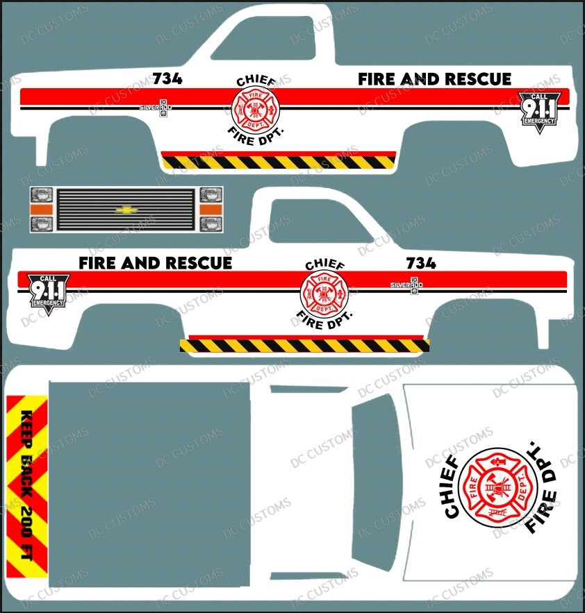83 CHEVY SILVERADO (WHITE TONER) DECALS FIRE DEPARTMENT