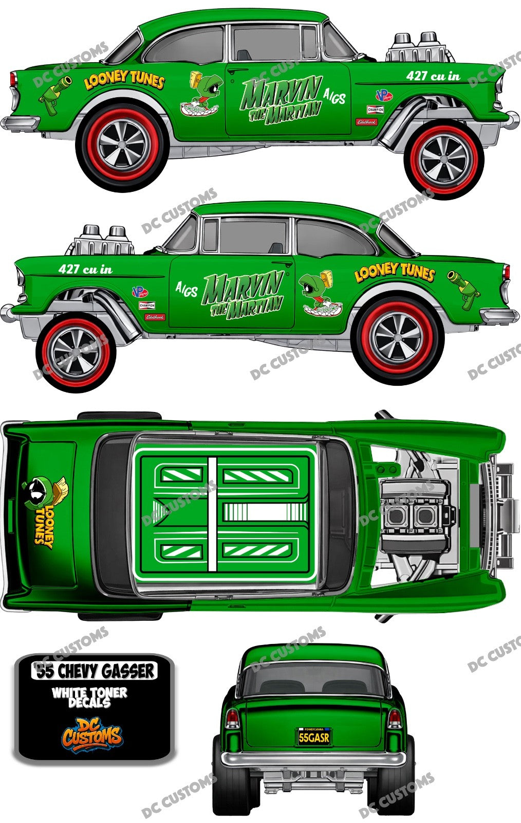 55 CHEVY GASSER (WHITE TONER) DECALS MARVIN THE MART1AN