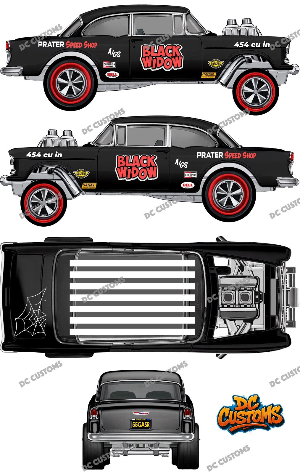 55 CHEVY GASSER (WHITE TONER) DECALS BLACK WIDOW
