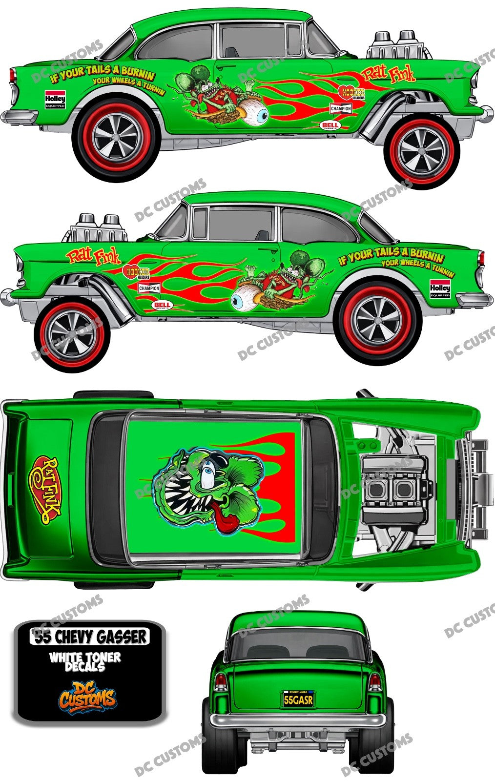 55 CHEVY GASSER (WHITE TONER) DECALS RAT F1NK A1