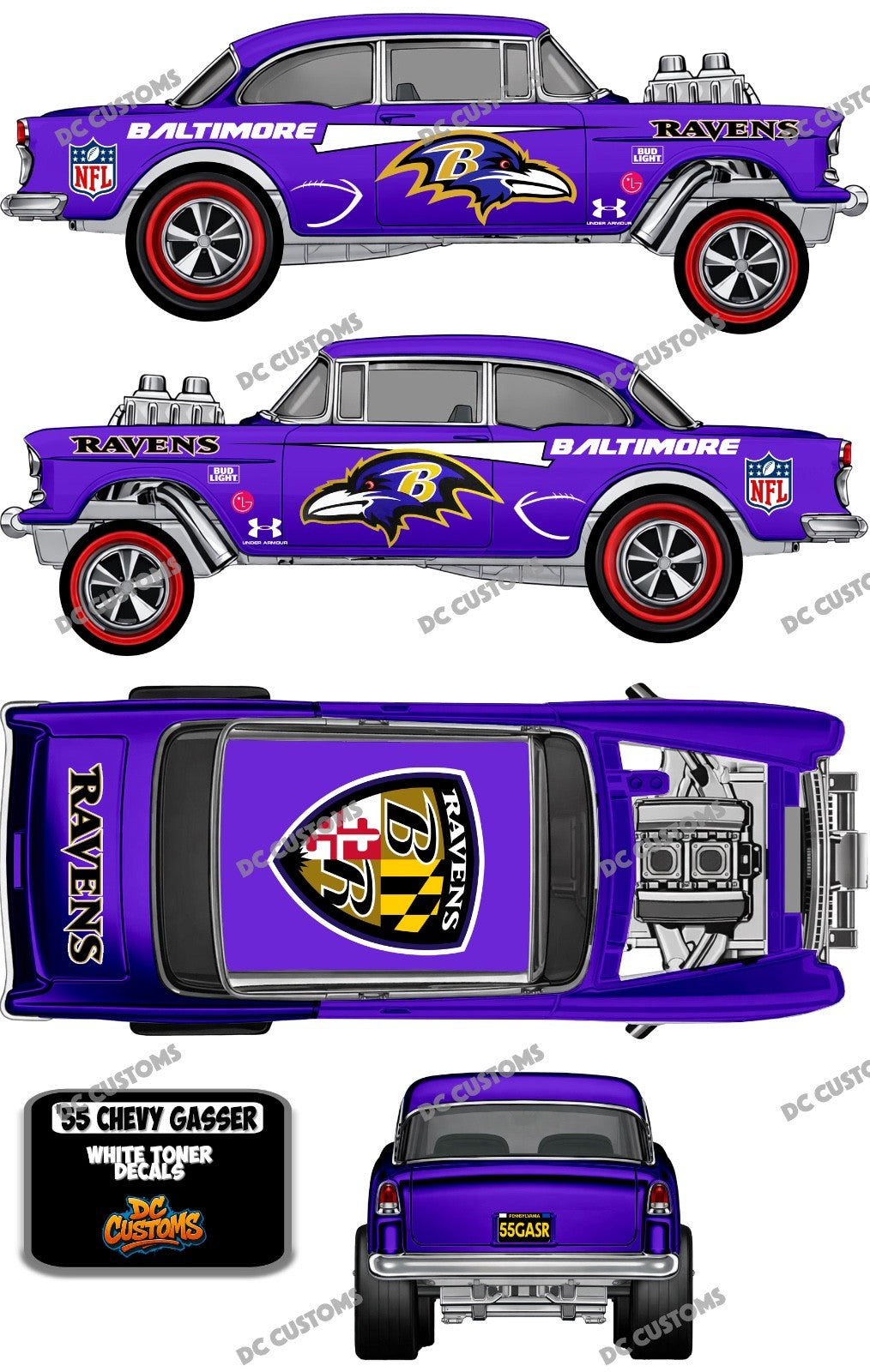 55 CHEVY GASSER (WHITE TONER) DECALS RAVENS