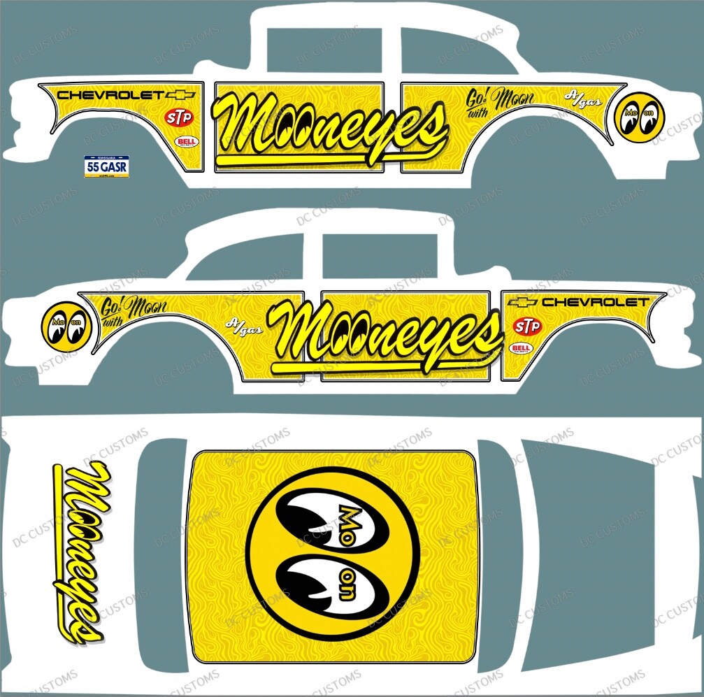 55 CHEVY GASSER (WHITE TONER) DECALS MOONEYES V4