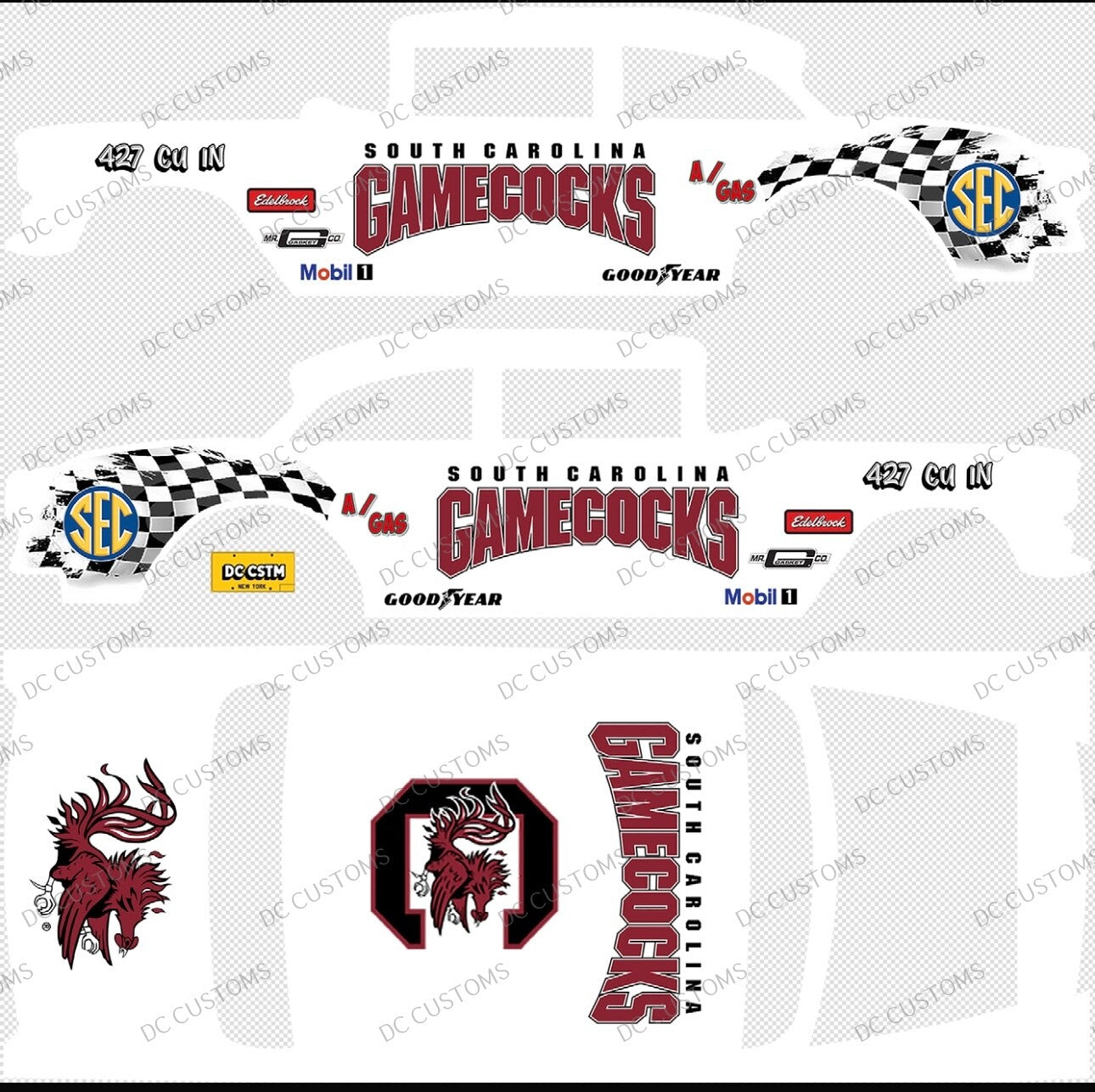 55 CHEVY GASSER (WHITE TONER) DECALS SC GAMECOCKS