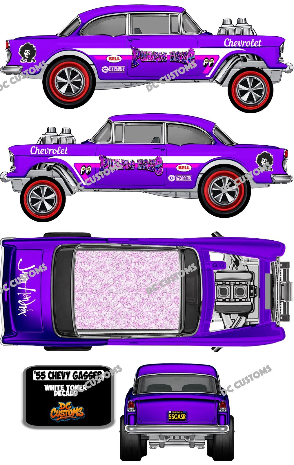 55 CHEVY GASSER (WHITE TONER) DECALS PURPLE HAZE