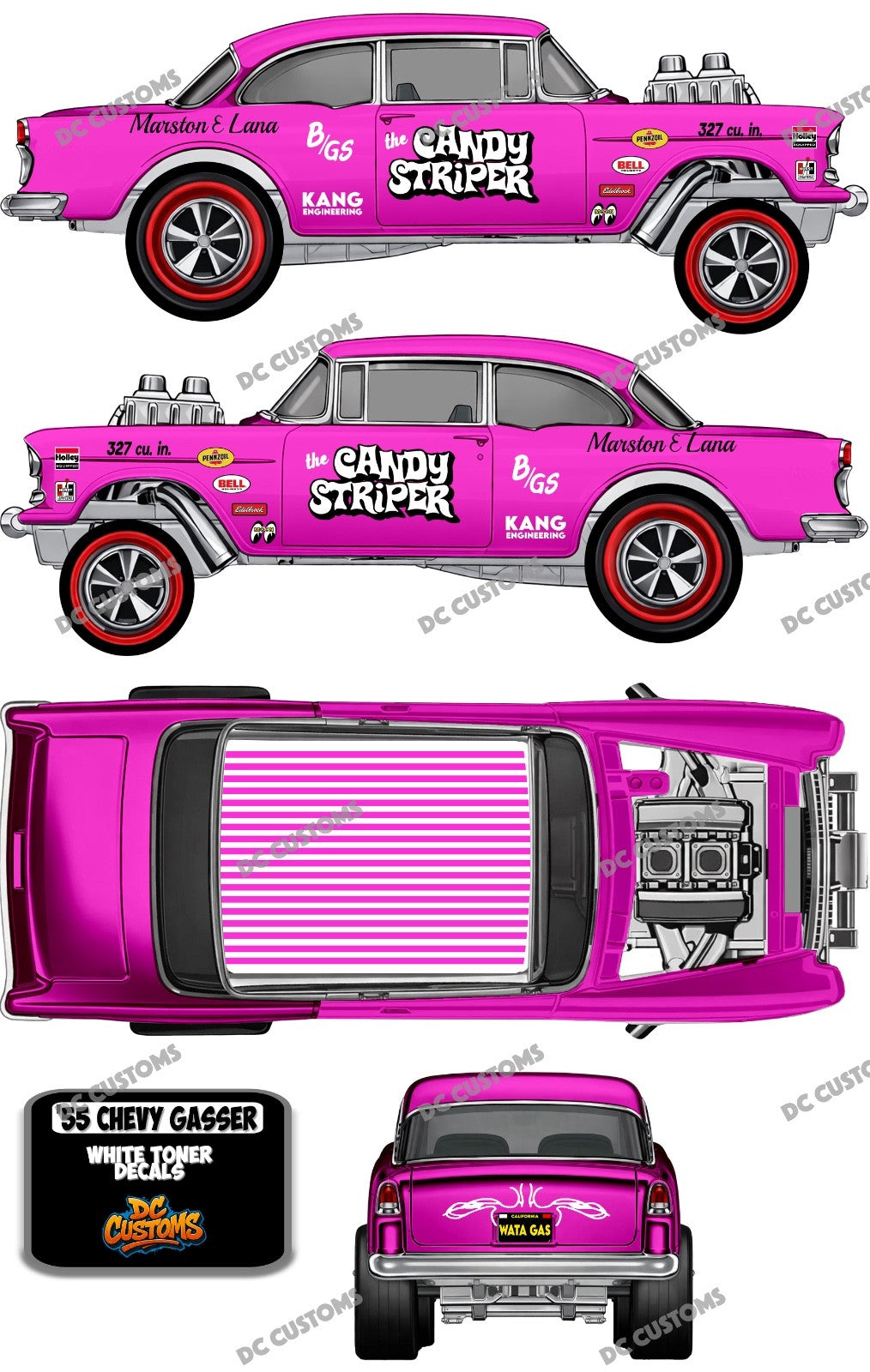 55 CHEVY GASSER (WHITE TONER) DECALS CANDY STRIPER