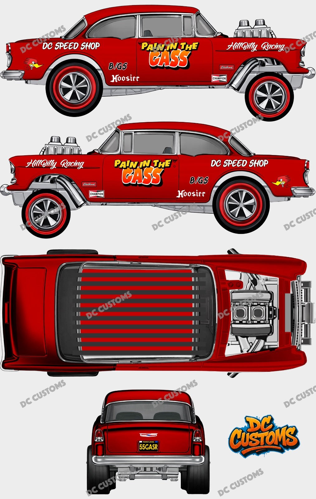 55 CHEVY GASSER (WHITE TONER) DECALS PAIN IN THE GASS