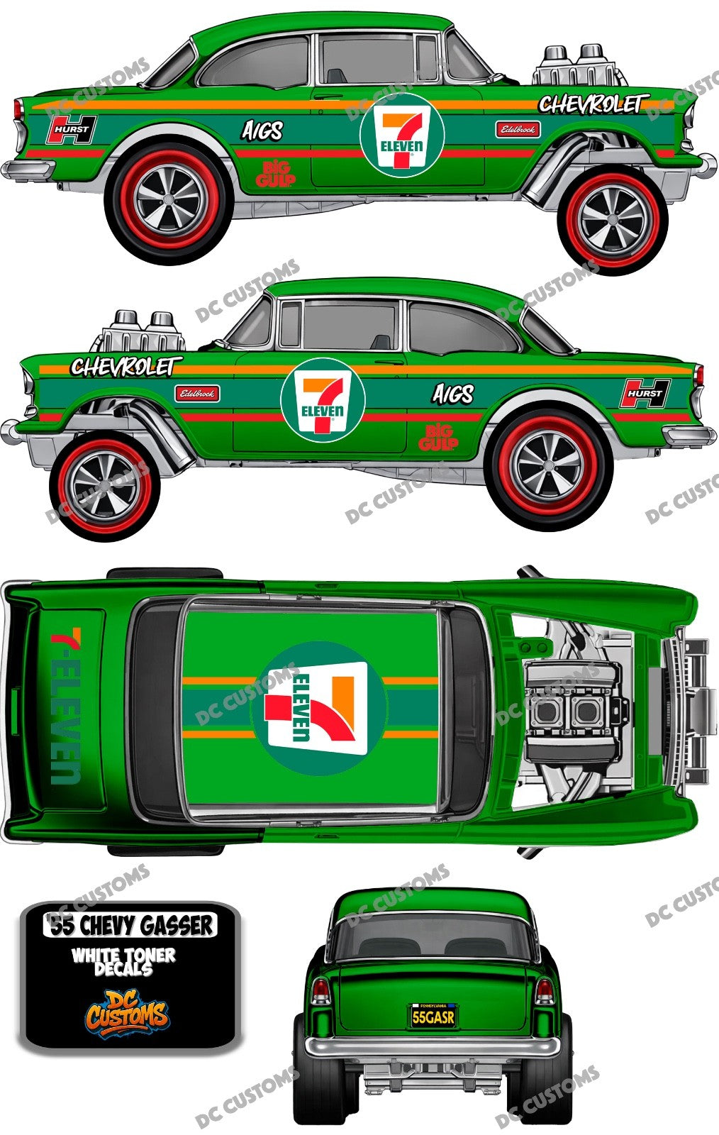 55 CHEVY GASSER (WHITE TONER) DECALS 7 ELEVEN