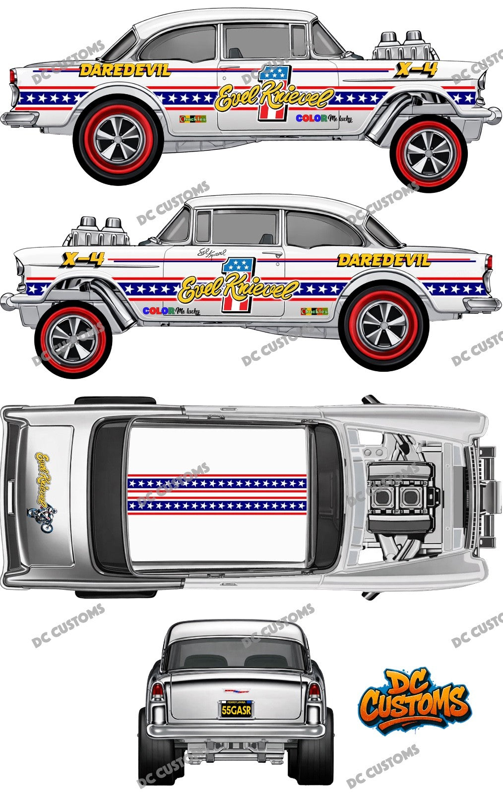55 CHEVY GASSER (WHITE TONER) DECALS EVEL KNIEVEL X-4