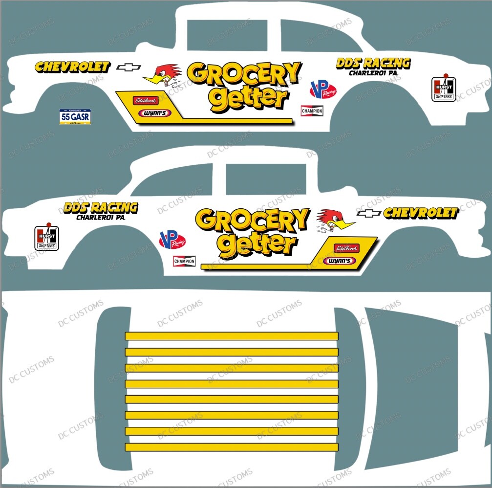 55 CHEVY GASSER (WHITE TONER) DECALS GROCERY GETTER